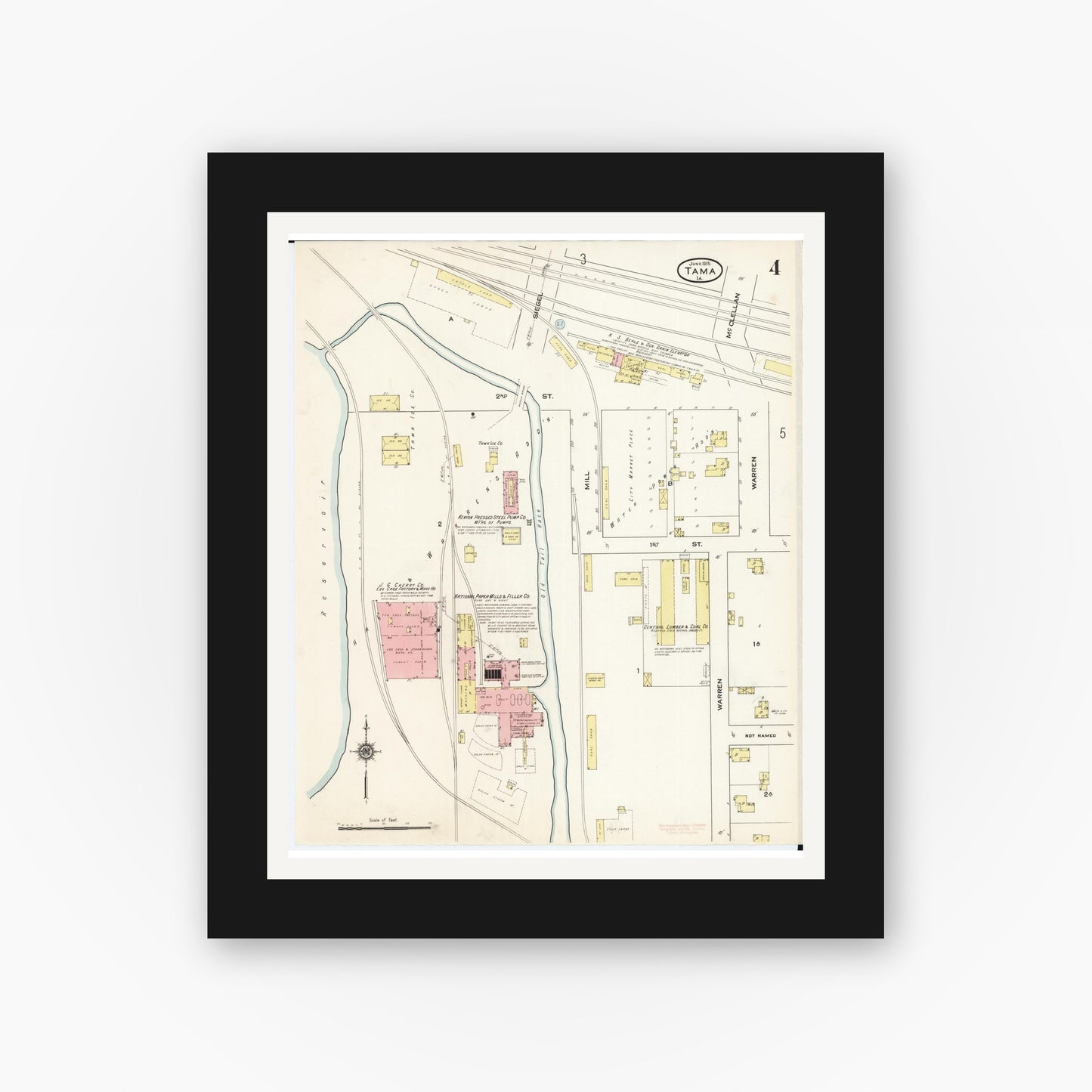 Old map wall art mockup — black gallery frame with white mat — Sanborn Fire Insurance Map from Tama, Tama County, Iowa (1915), Sheet #0004