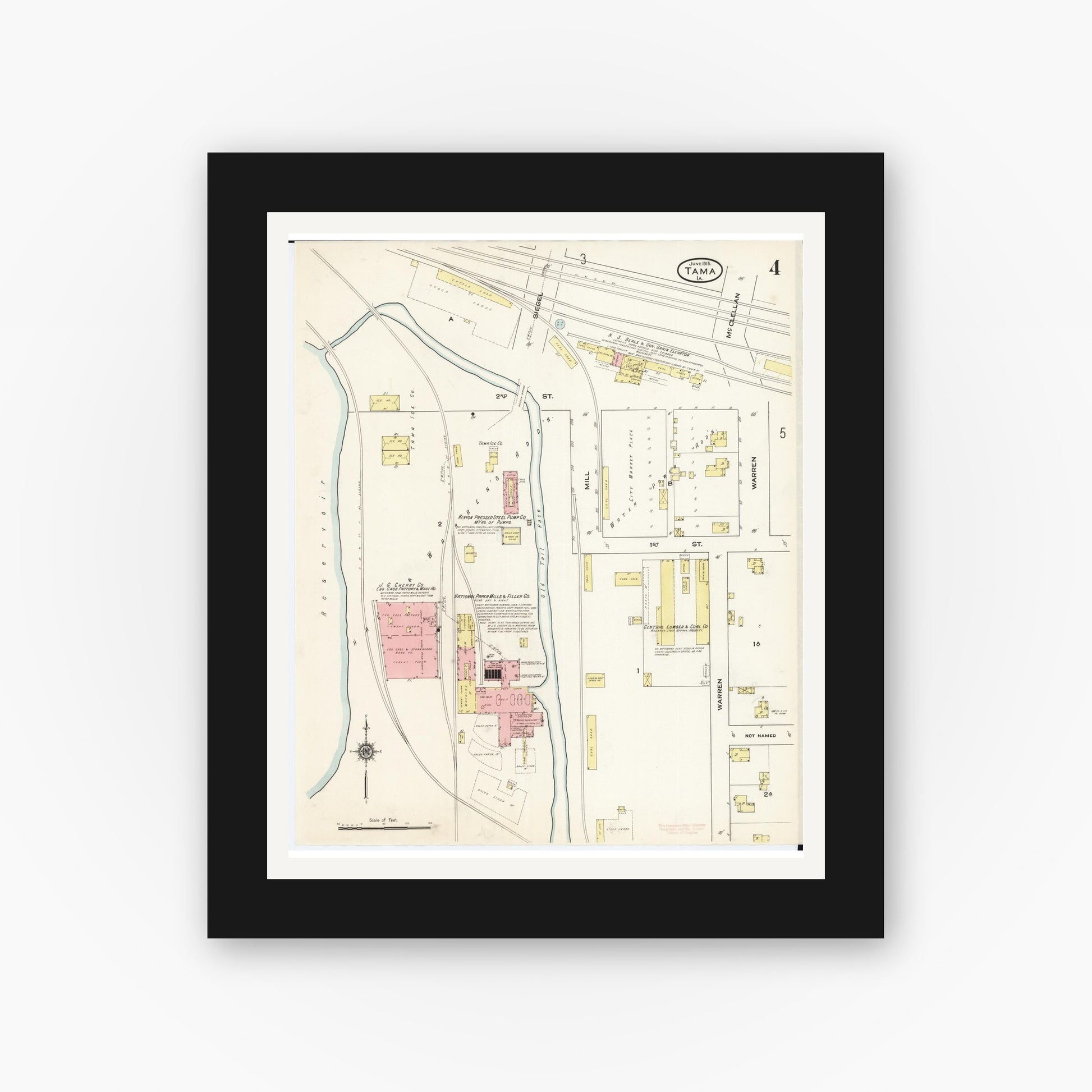 Old map wall art mockup — black gallery frame with white mat — Sanborn Fire Insurance Map from Tama, Tama County, Iowa (1915), Sheet #0004