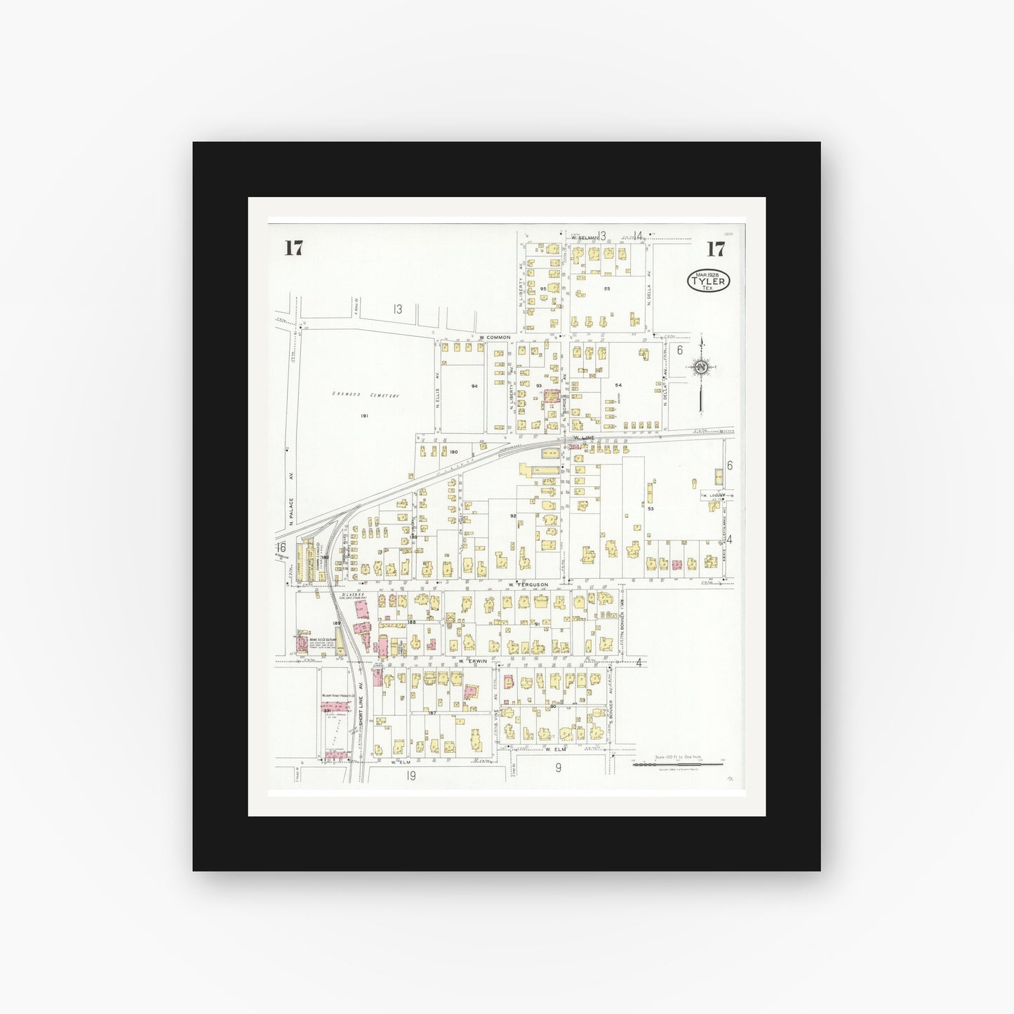Old map wall art mockup — black gallery frame with white mat — Sanborn Fire Insurance Map from Tyler, Smith County, Texas (1928), Sheet #0017