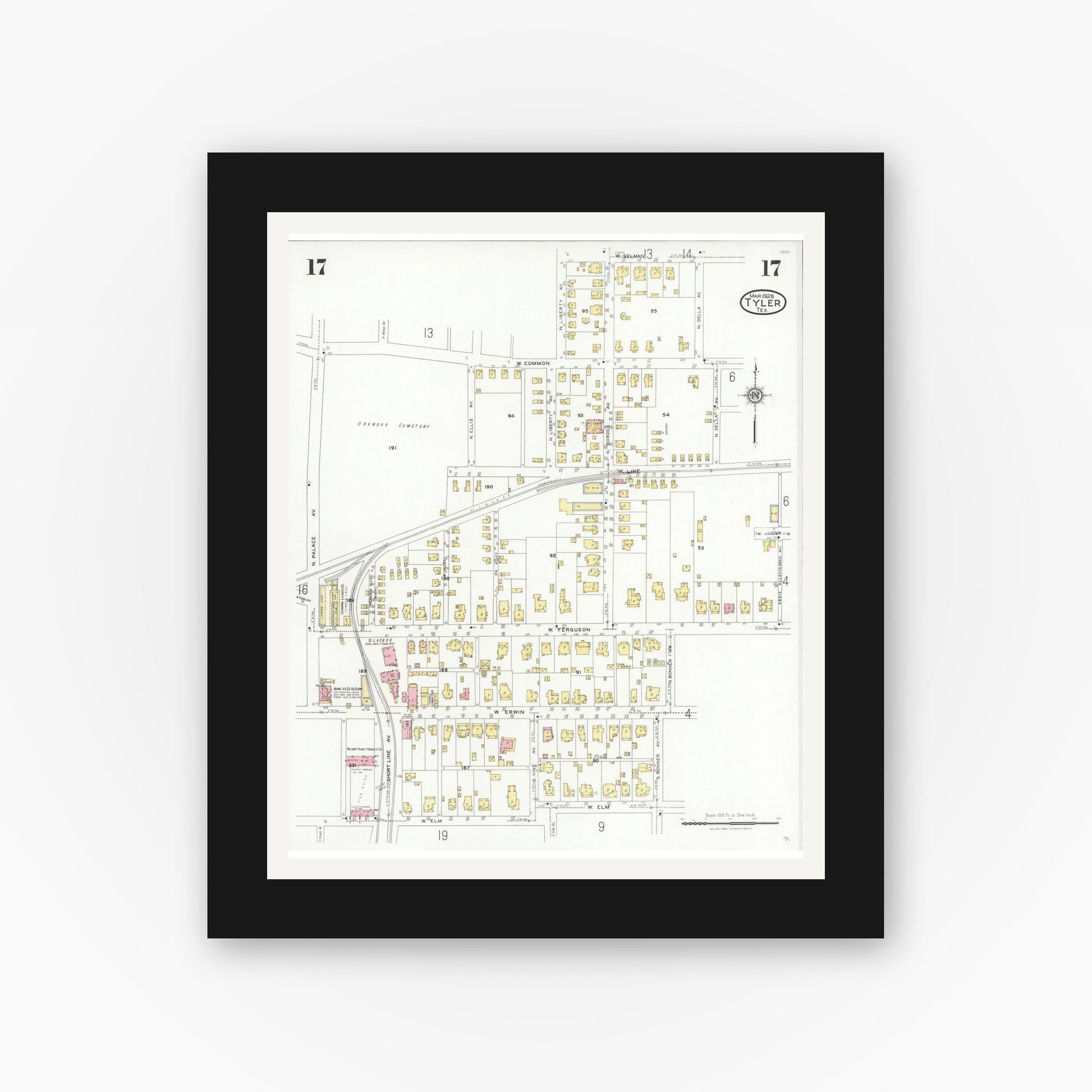 Old map wall art mockup — black gallery frame with white mat — Sanborn Fire Insurance Map from Tyler, Smith County, Texas (1928), Sheet #0017