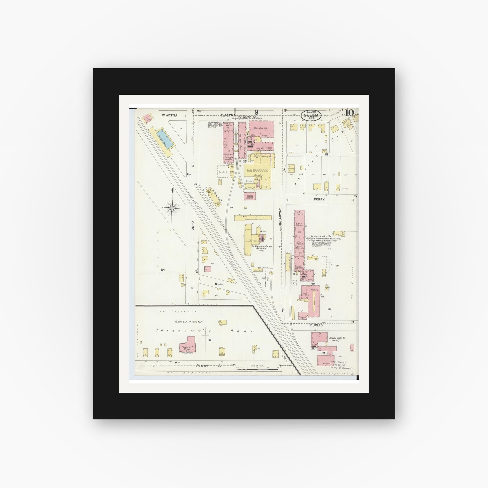 Old map wall art mockup — black gallery frame with white mat — Sanborn Fire Insurance Map from Salem, Columbiana County, Ohio (1898), Sheet #0010