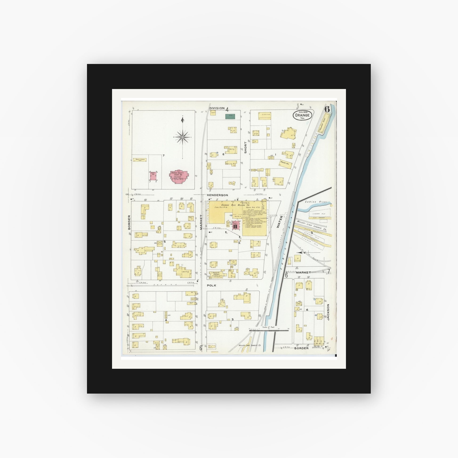 Old map wall art mockup — black gallery frame with white mat — Sanborn Fire Insurance Map from Orange, Orange County, Texas (1909), Sheet #0006
