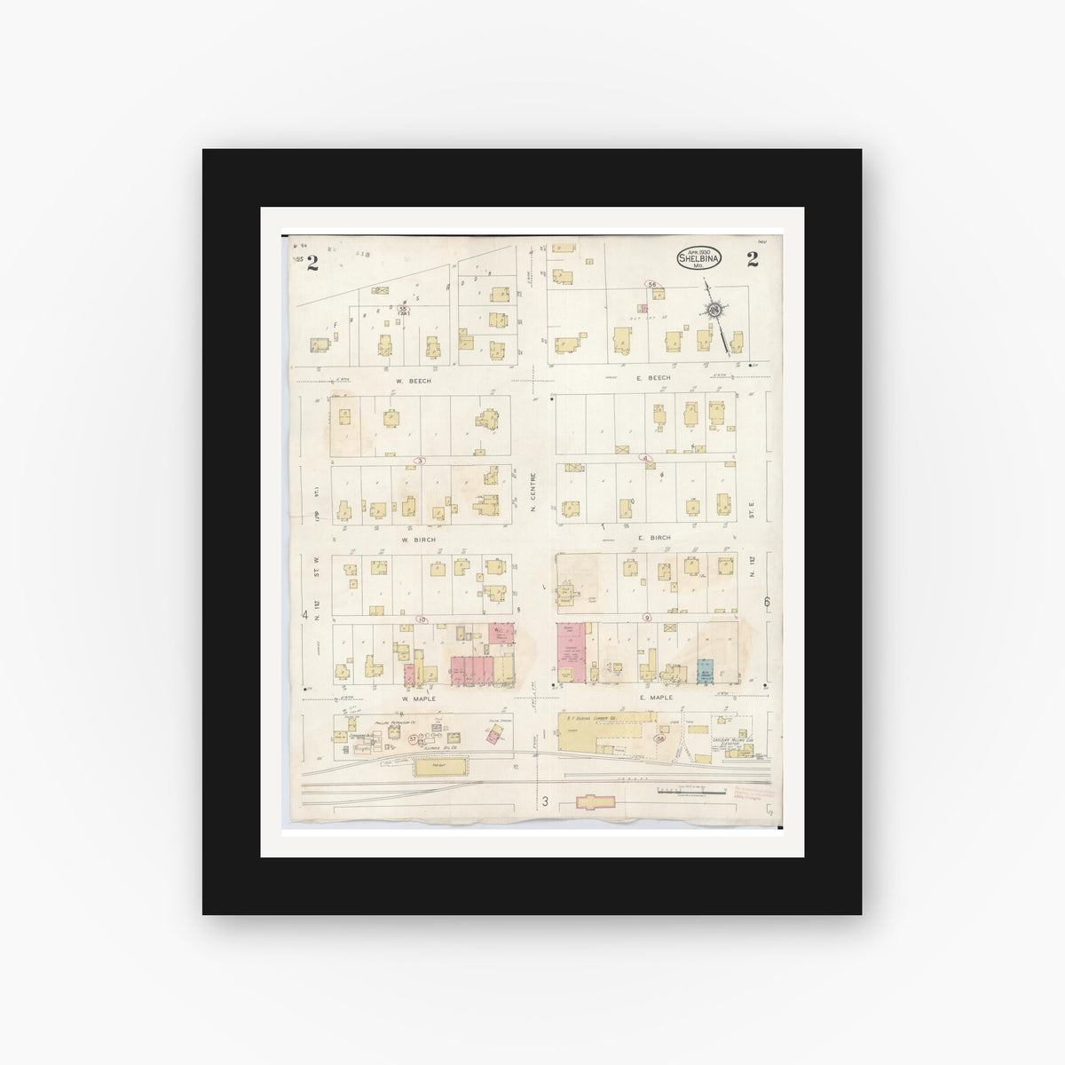 Old map wall art mockup — black gallery frame with white mat — Sanborn Fire Insurance Map from Shelbina, Shelby County, Missouri (1943), Sheet #0002