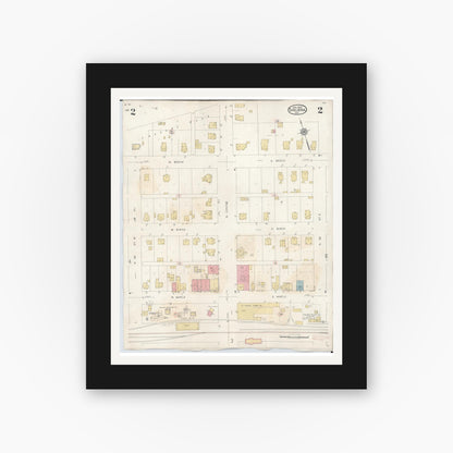 Old map wall art mockup — black gallery frame with white mat — Sanborn Fire Insurance Map from Shelbina, Shelby County, Missouri (1943), Sheet #0002
