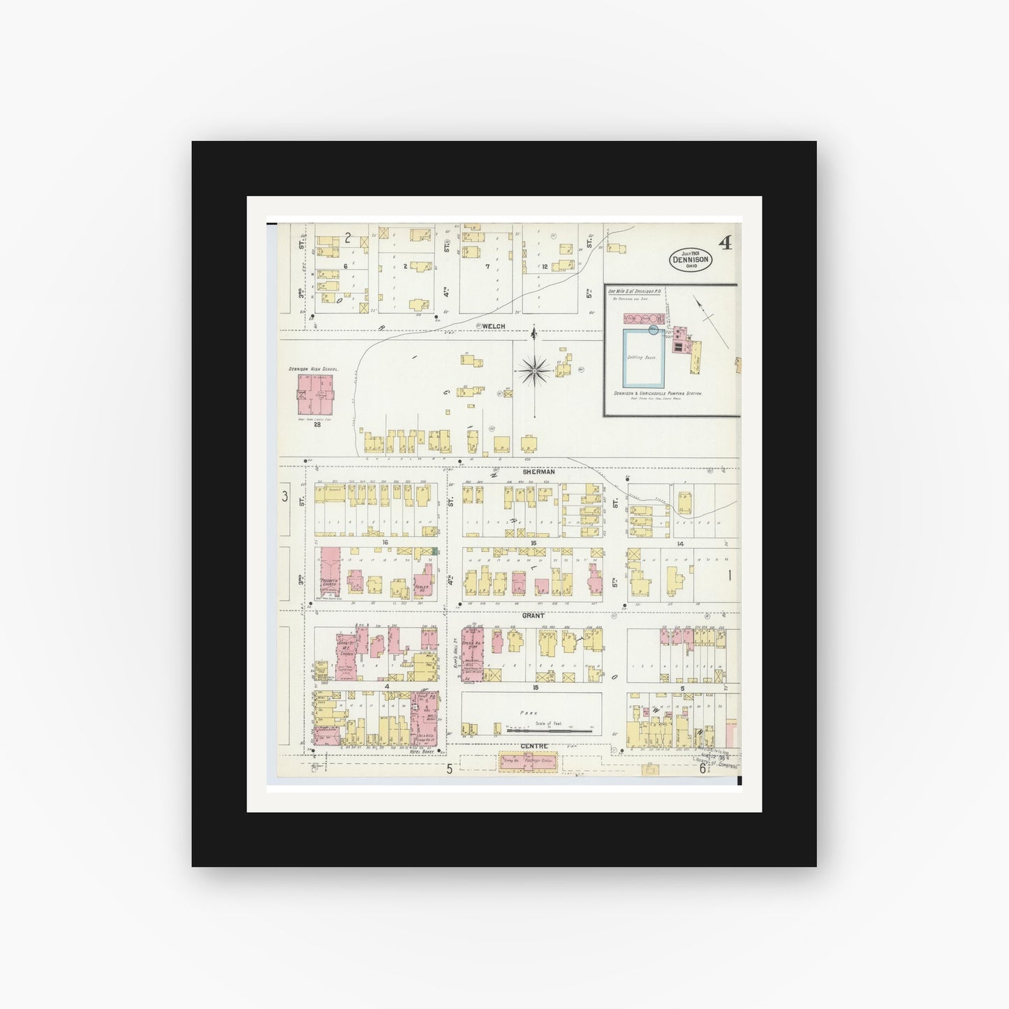 Old map wall art mockup — black gallery frame with white mat — Sanborn Fire Insurance Map from Dennison, Tuscarawas County, Ohio (1901), Sheet #0004