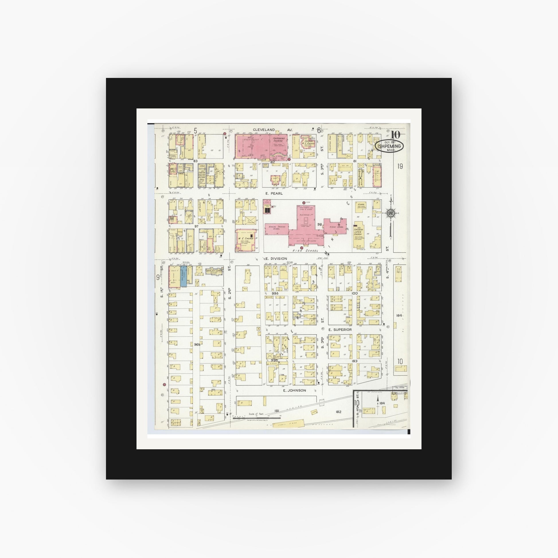 Old map wall art mockup — black gallery frame with white mat — Sanborn Fire Insurance Map from Ishpeming, Marquette County, Michigan (1917), Sheet #0010