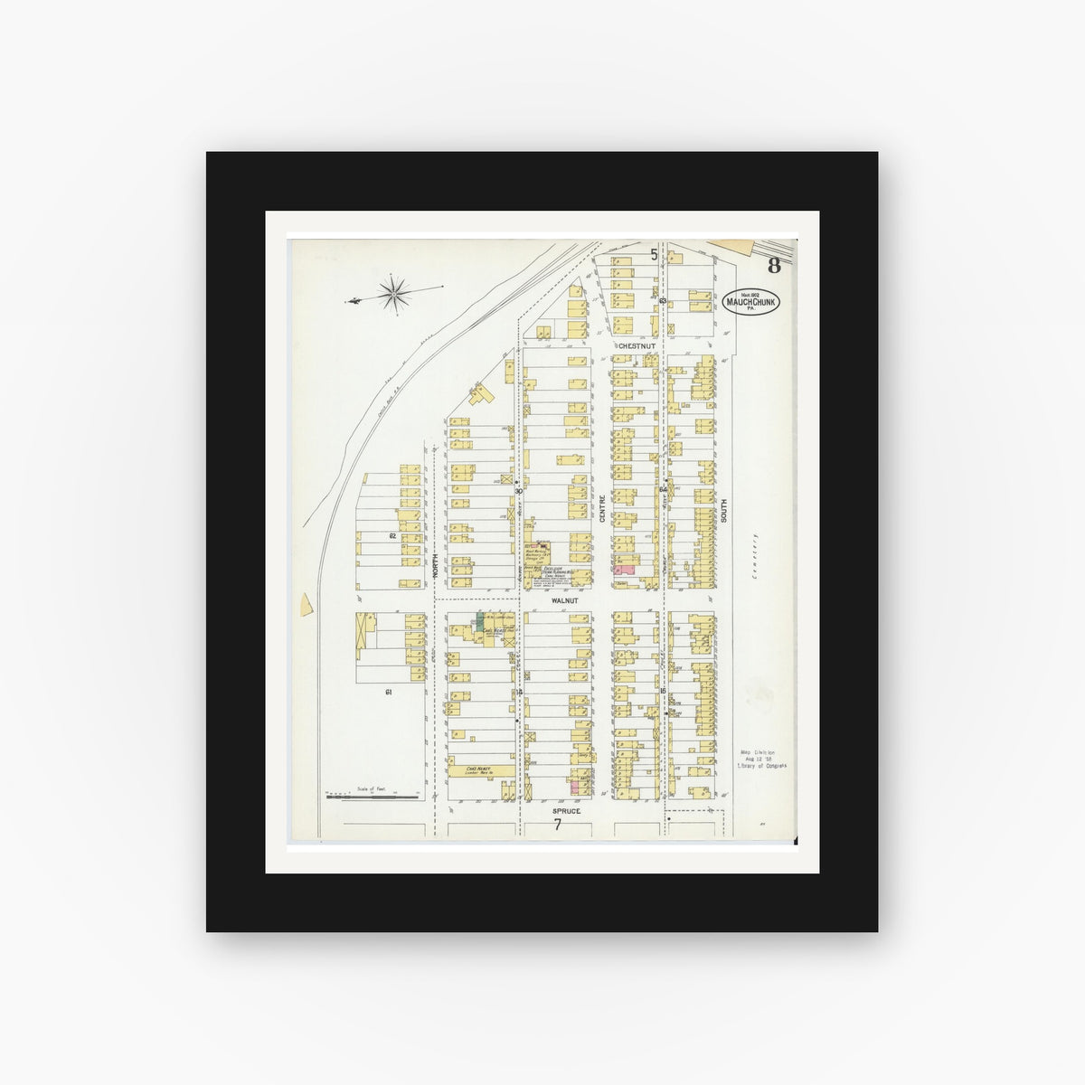 Old map wall art mockup — black gallery frame with white mat — Sanborn Fire Insurance Map from Mauch Chunk, Carbon County, Pennsylvania (1902), Sheet #0008