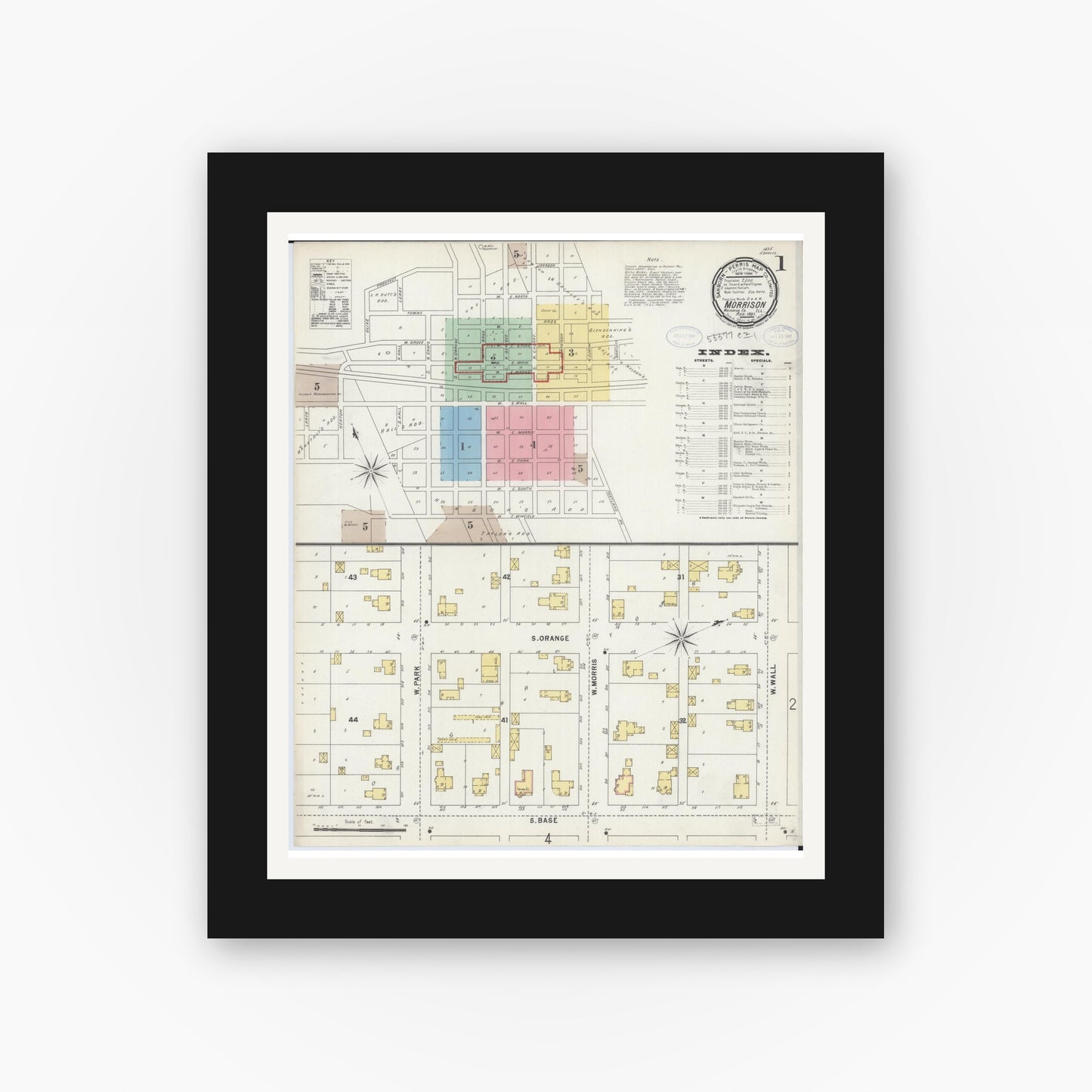 Old map wall art mockup — black gallery frame with white mat — Sanborn Fire Insurance Map from Morrison, Whiteside County, Illinois (1897) - Complete Map Set