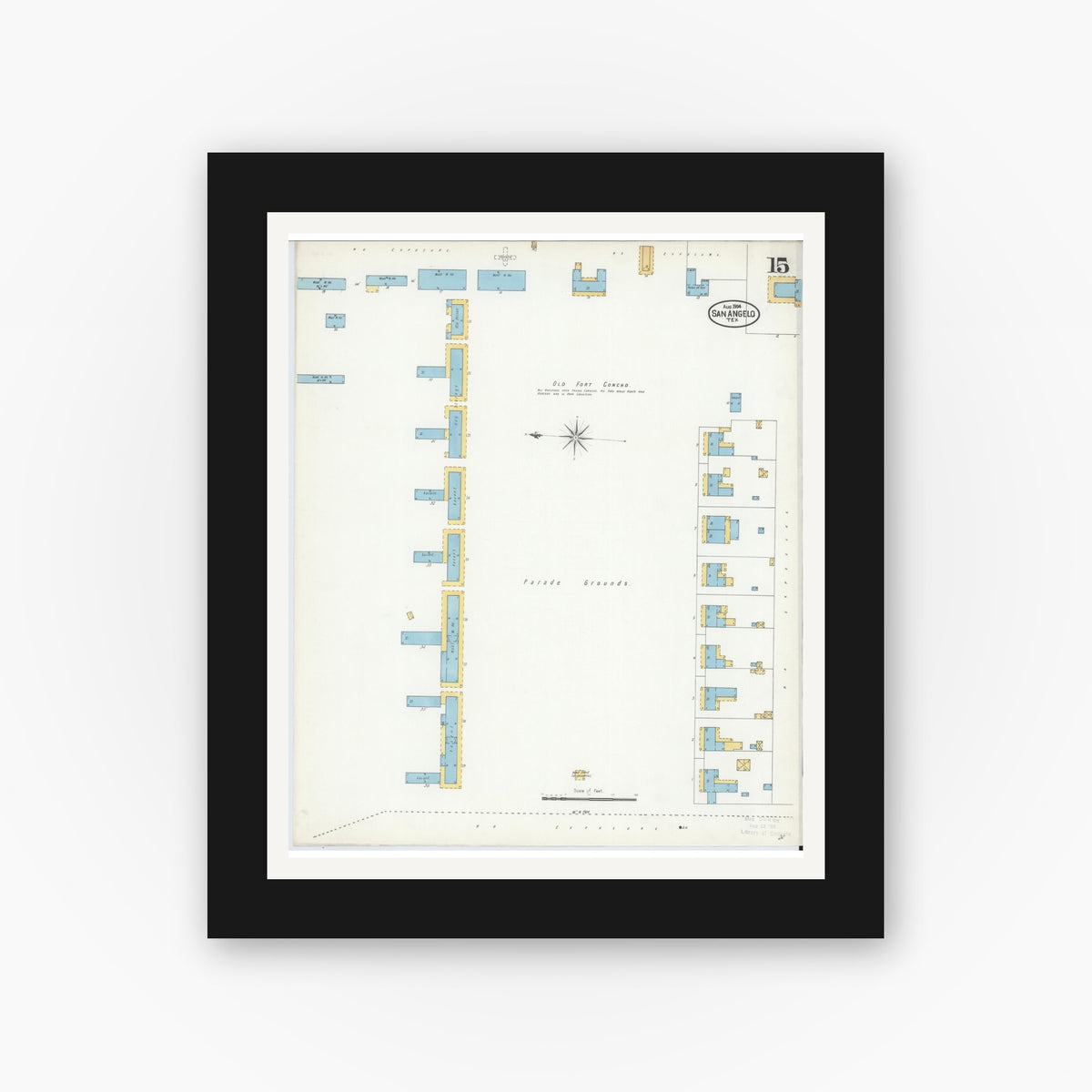 Old map wall art mockup — black gallery frame with white mat — Sanborn Fire Insurance Map from San Angelo, Tom Green County, Texas (1904), Sheet #0015