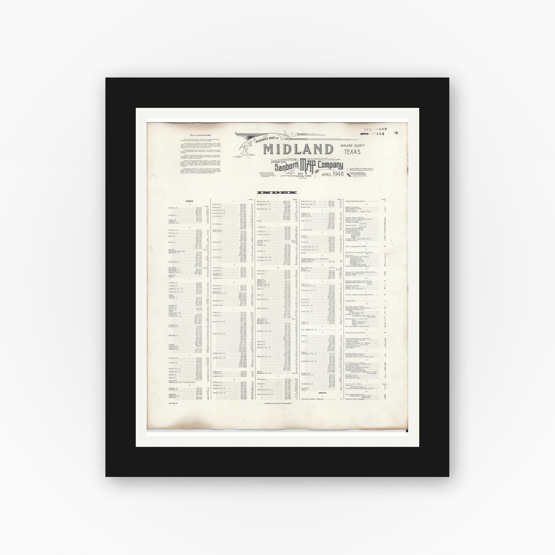 Old map wall art mockup — black gallery frame with white mat — Sanborn Fire Insurance Map from Midland, Midland County, Texas (1950), Sheet #0001