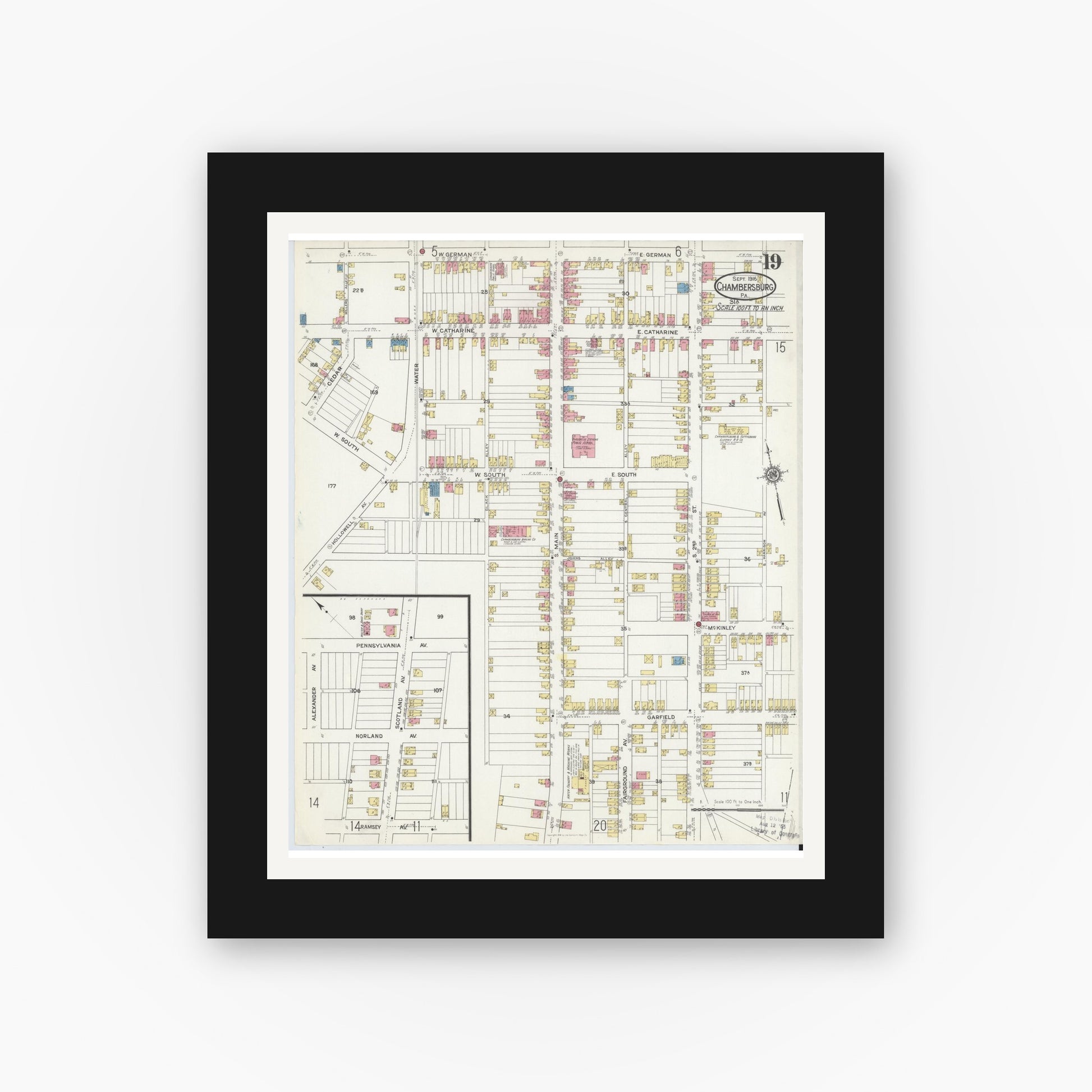 Old map wall art mockup — black gallery frame with white mat — Sanborn Fire Insurance Map from Chambersburg, Franklin County, Pennsylvania (1916), Sheet #0019