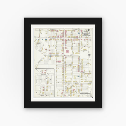 Old map wall art mockup — black gallery frame with white mat — Sanborn Fire Insurance Map from Chambersburg, Franklin County, Pennsylvania (1916), Sheet #0019
