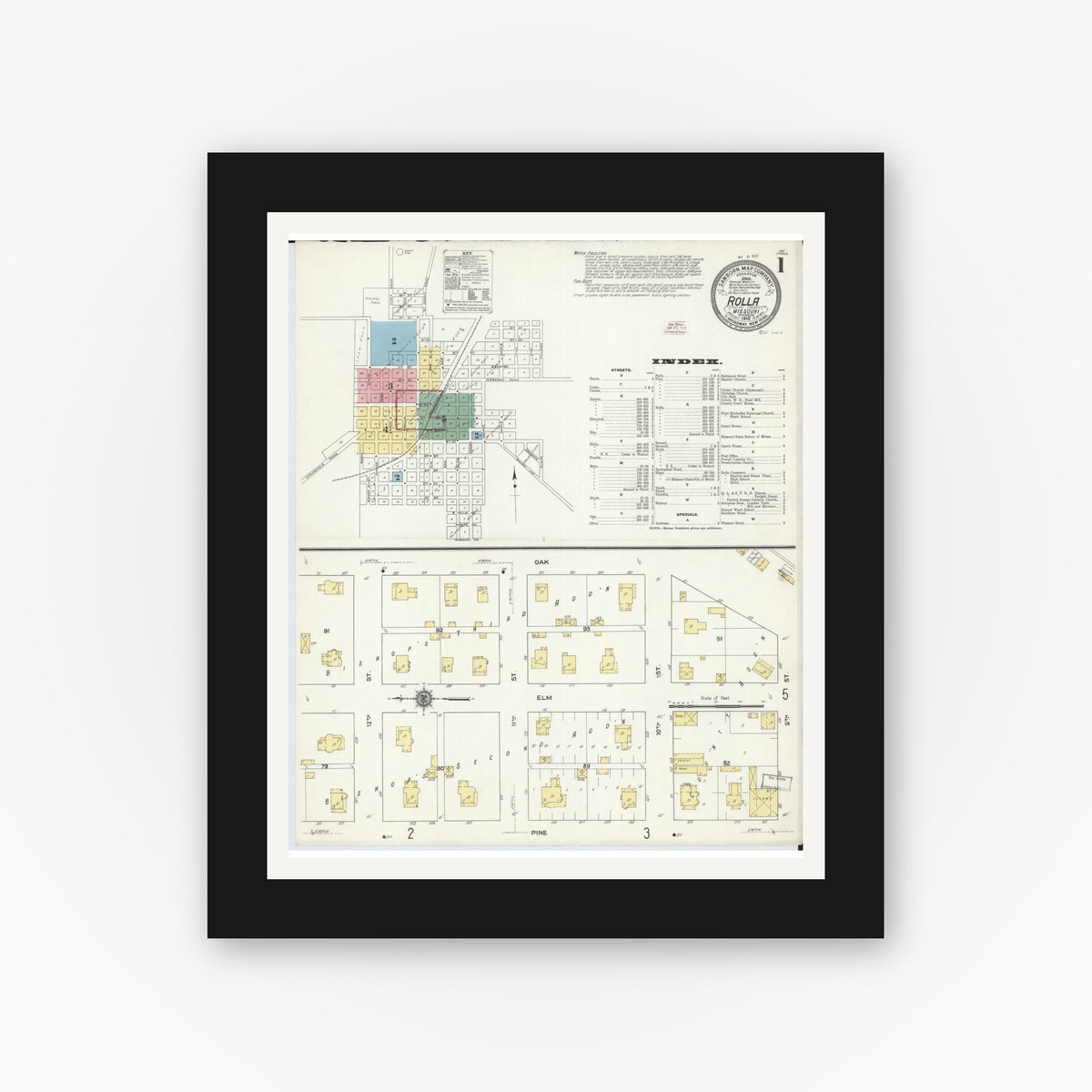 Old map wall art mockup — black gallery frame with white mat — Sanborn Fire Insurance Map from Rolla, Phelps County, Missouri (1910) - Complete Map Set