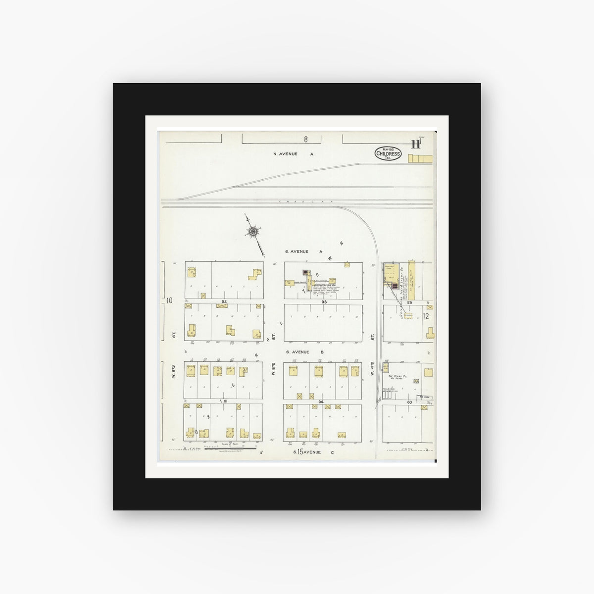 Old map wall art mockup — black gallery frame with white mat — Sanborn Fire Insurance Map from Childress, Childress County, Texas (1921), Sheet #0011
