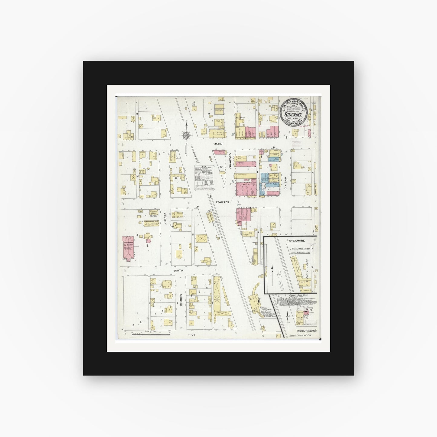 Old map wall art mockup — black gallery frame with white mat — Sanborn Fire Insurance Map from Ridgway, Gallatin County, Illinois (1910), Sheet #0001