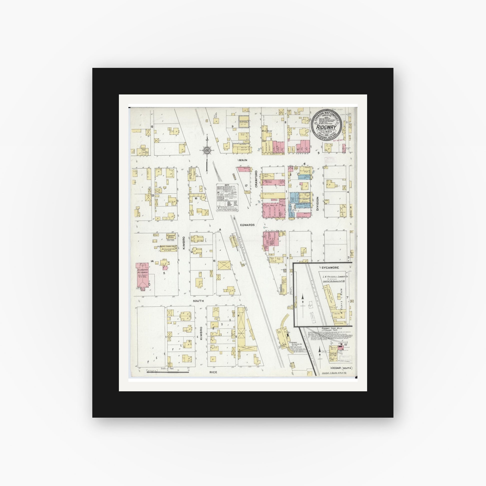 Old map wall art mockup — black gallery frame with white mat — Sanborn Fire Insurance Map from Ridgway, Gallatin County, Illinois (1910), Sheet #0001