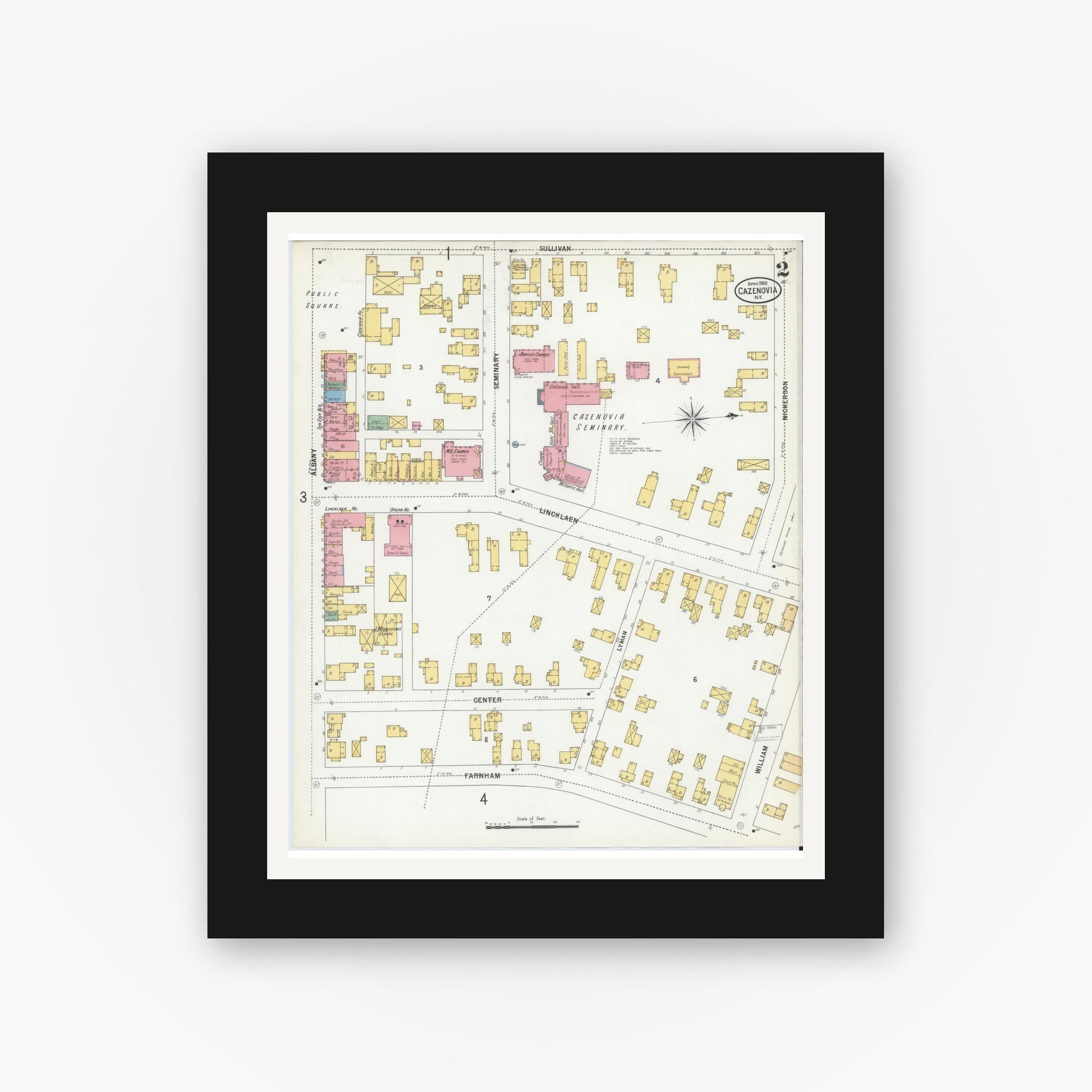 Old map wall art mockup — black gallery frame with white mat — Sanborn Fire Insurance Map from Cazenovia, Madison County, New York (1900), Sheet #0002