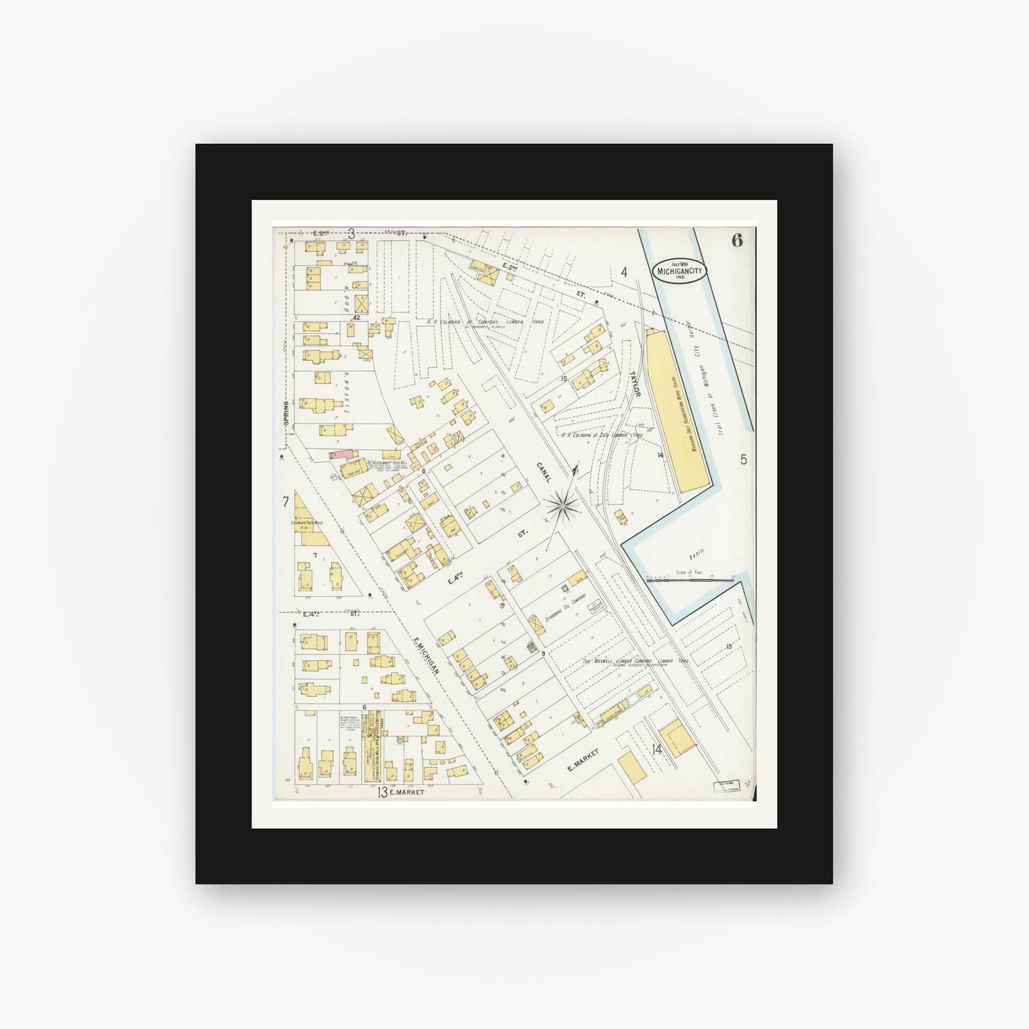 Old map wall art mockup — black gallery frame with white mat — Sanborn Fire Insurance Map from Michigan City, La Porte County, Indiana (1899), Sheet #0006