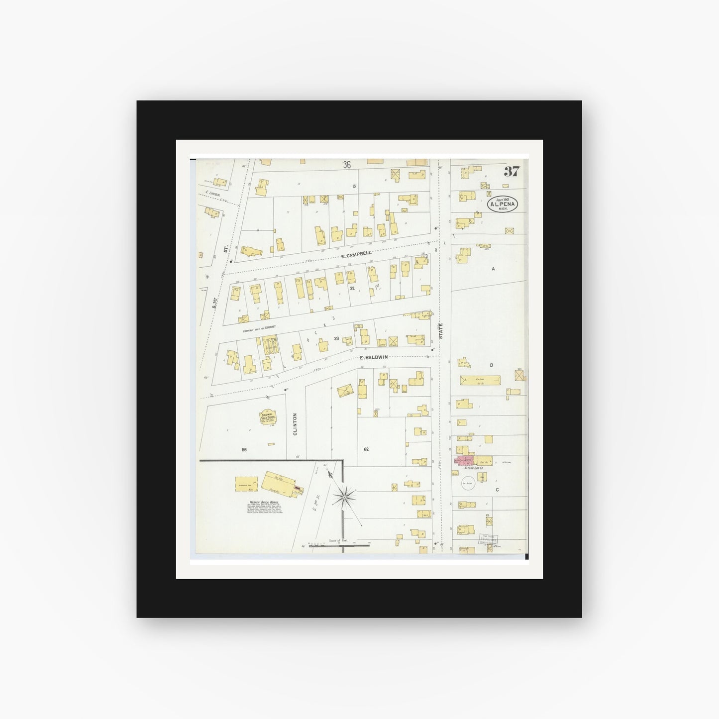 Old map wall art mockup — black gallery frame with white mat — Sanborn Fire Insurance Map from Alpena, Alpena County, Michigan (1901), Sheet #0037