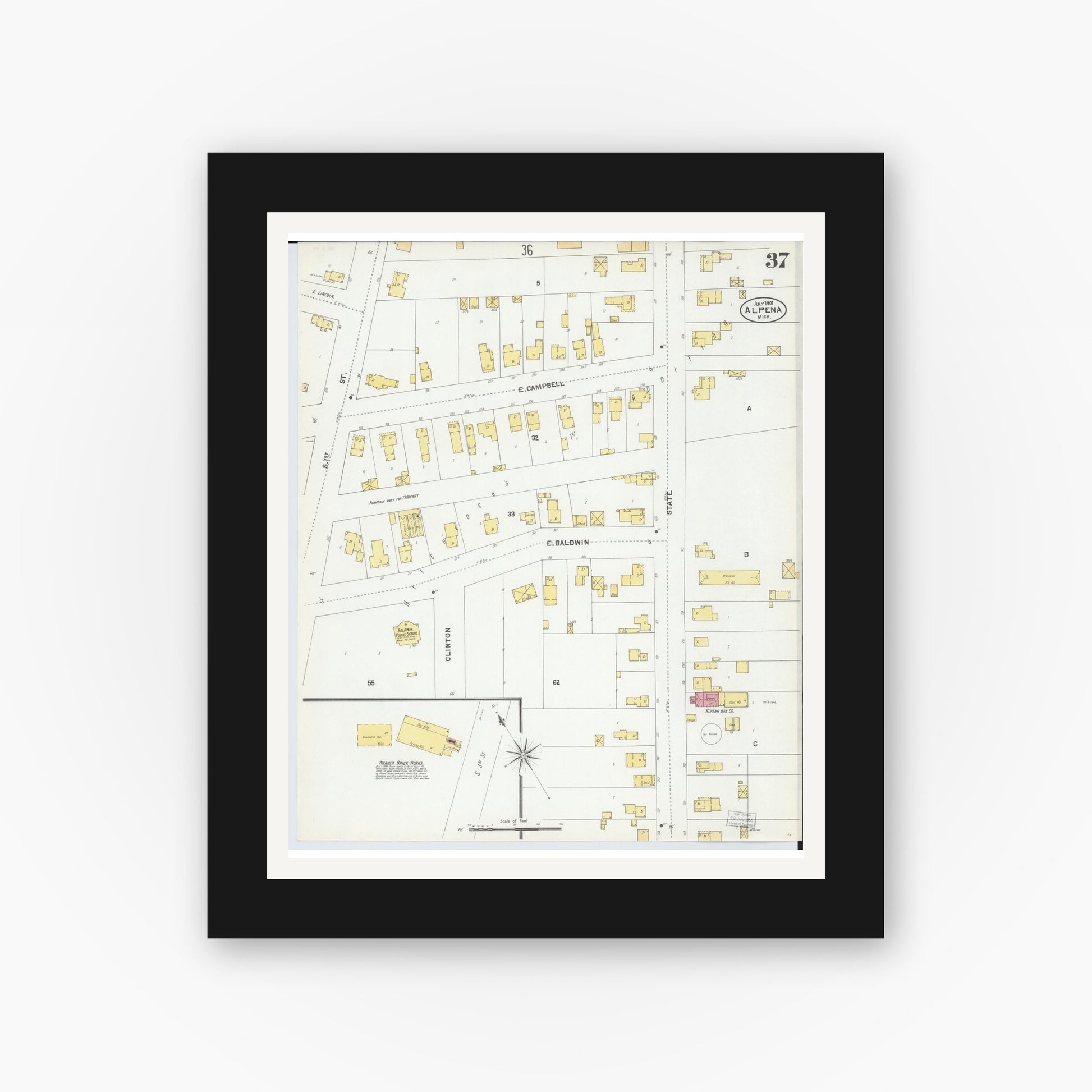 Old map wall art mockup — black gallery frame with white mat — Sanborn Fire Insurance Map from Alpena, Alpena County, Michigan (1901), Sheet #0037
