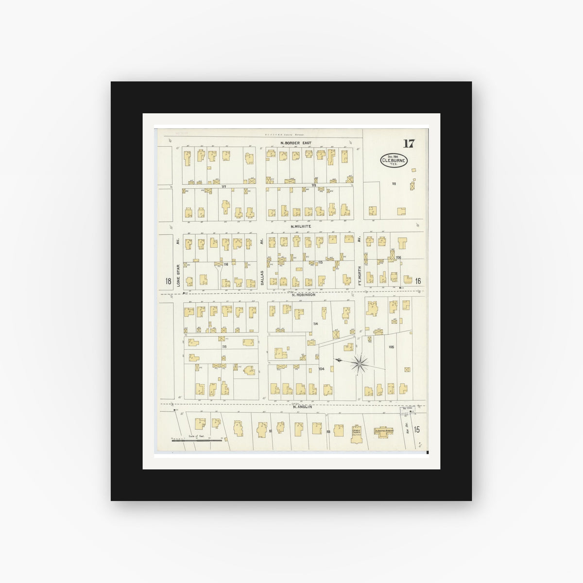 Old map wall art mockup — black gallery frame with white mat — Sanborn Fire Insurance Map from Cleburne, Johnson County, Texas (1904), Sheet #0017