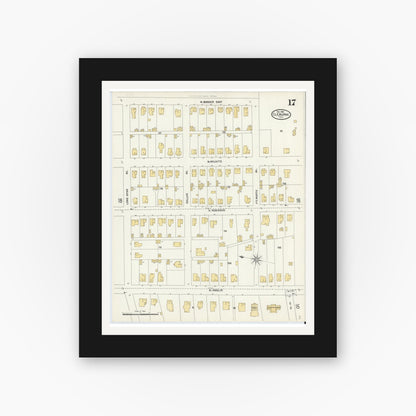 Old map wall art mockup — black gallery frame with white mat — Sanborn Fire Insurance Map from Cleburne, Johnson County, Texas (1904), Sheet #0017