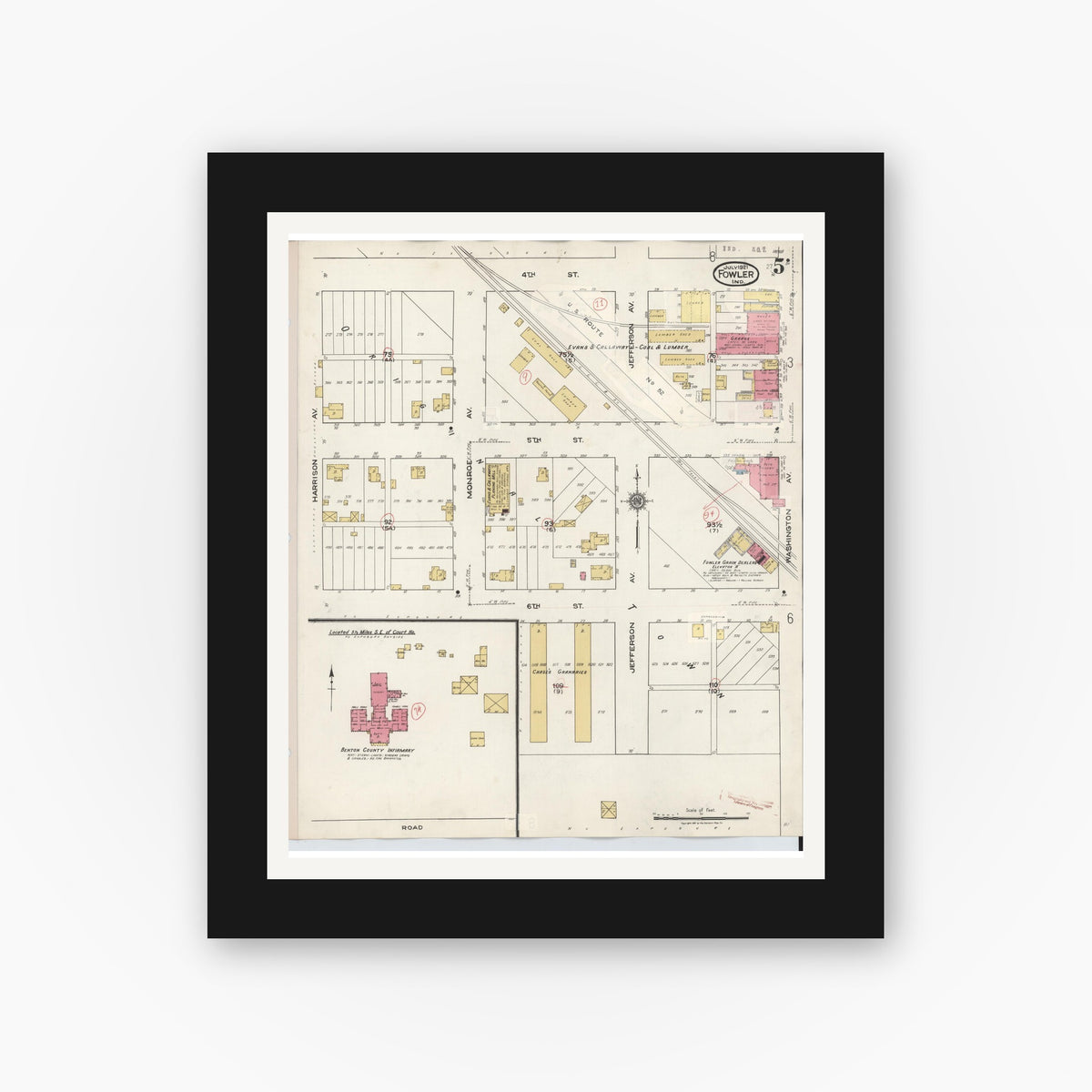 Old map wall art mockup — black gallery frame with white mat — Sanborn Fire Insurance Map from Fowler, Benton County, Indiana (1932), Sheet #0005