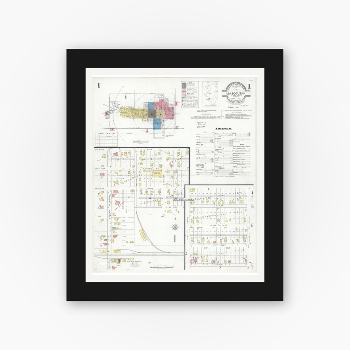 Old map wall art mockup — black gallery frame with white mat — Sanborn Fire Insurance Map from Mascoutah, Saint Clair County, Illinois (1933) - Complete Map Set