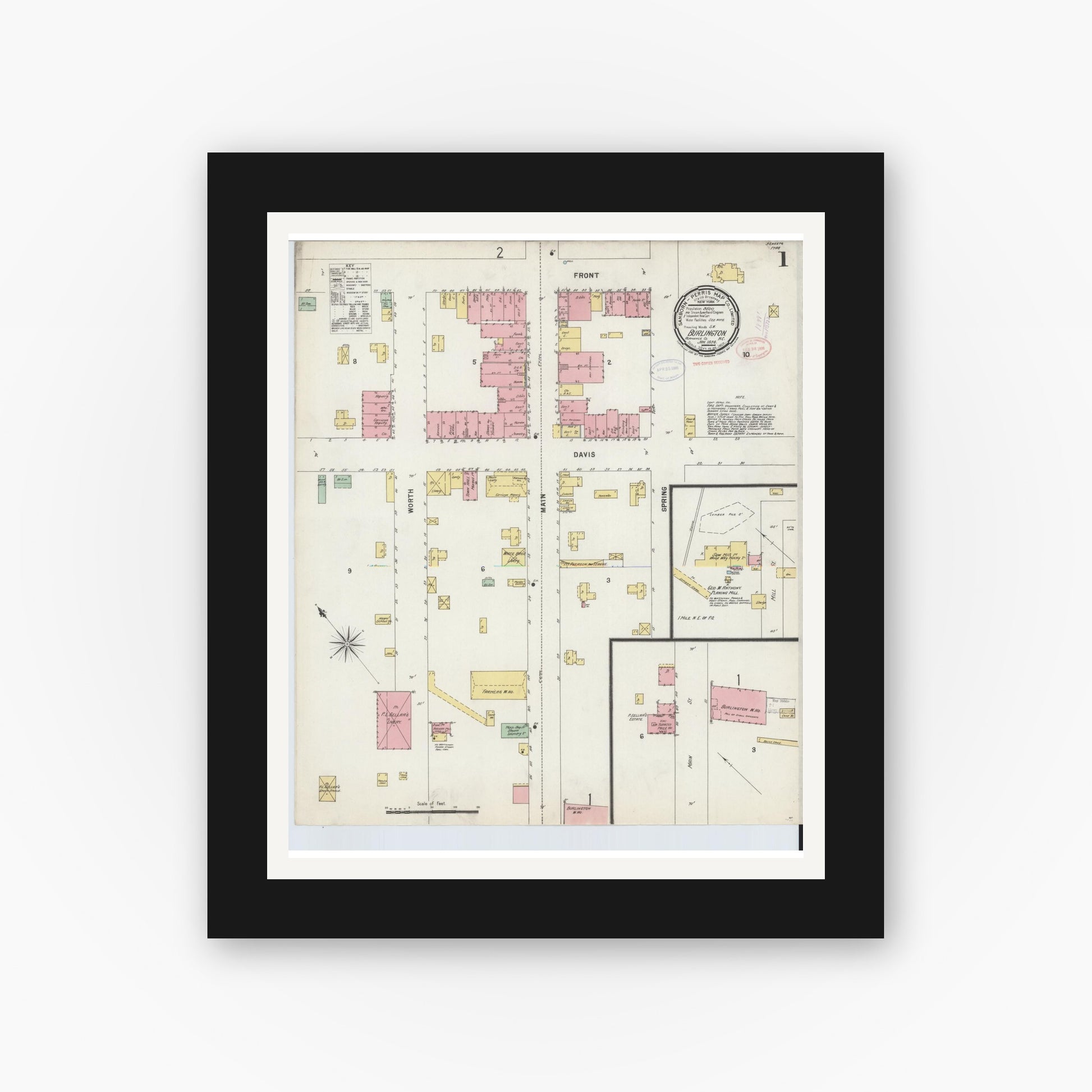Old map wall art mockup — black gallery frame with white mat — Sanborn Fire Insurance Map from Burlington, Alamance County, North Carolina (1898), Sheet #0001