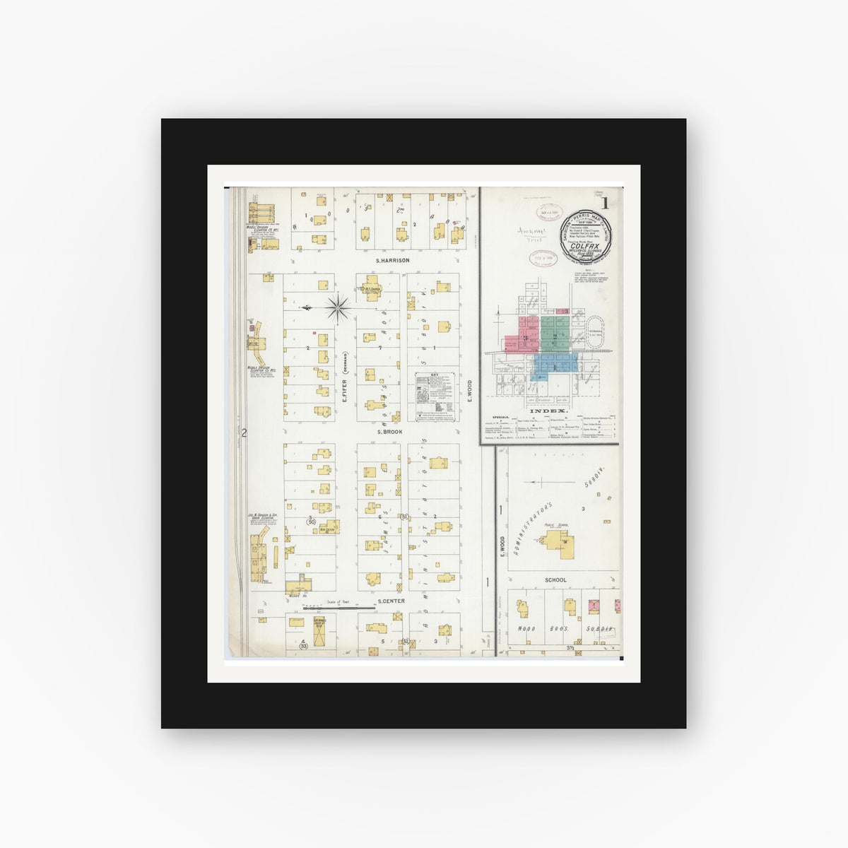 Old map wall art mockup — black gallery frame with white mat — Sanborn Fire Insurance Map from Colfax, McLean County, Illinois (1899) - Complete Map Set