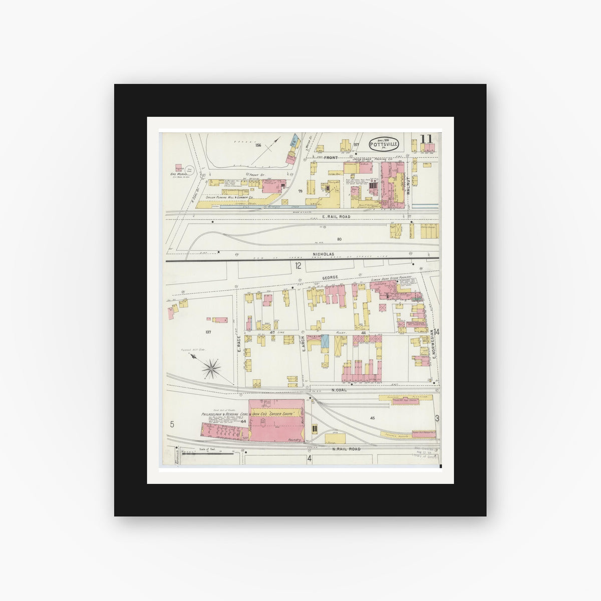 Old map wall art mockup — black gallery frame with white mat — Sanborn Fire Insurance Map from Pottsville, Schuylkill County, Pennsylvania (1895), Sheet #0011