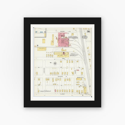 Old map wall art mockup — black gallery frame with white mat — Sanborn Fire Insurance Map from Newark, Licking County, Ohio (1905), Sheet #0036