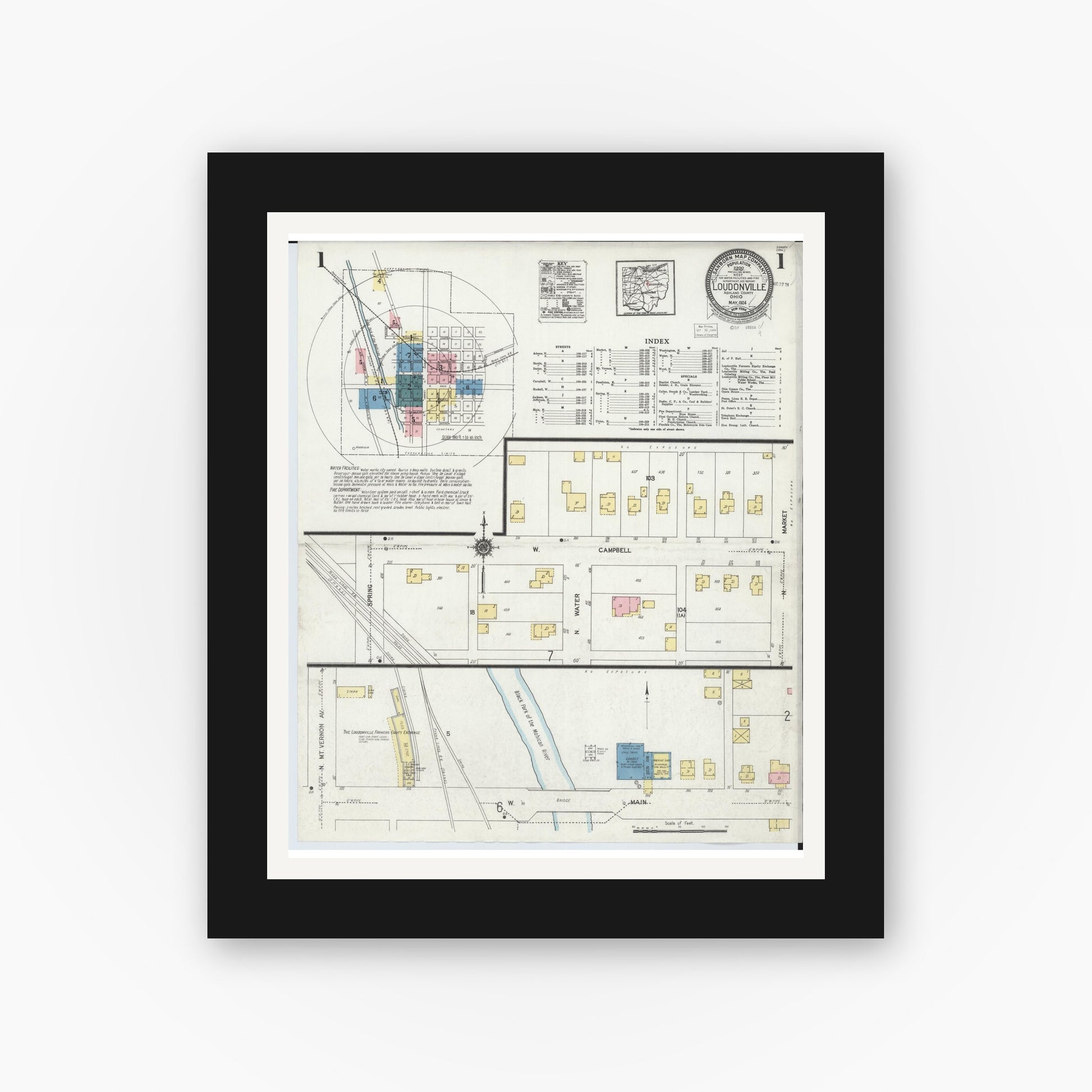 Old map wall art mockup — black gallery frame with white mat — Sanborn Fire Insurance Map from Loudonville, Ashland County, Ohio (1924), Sheet #0001
