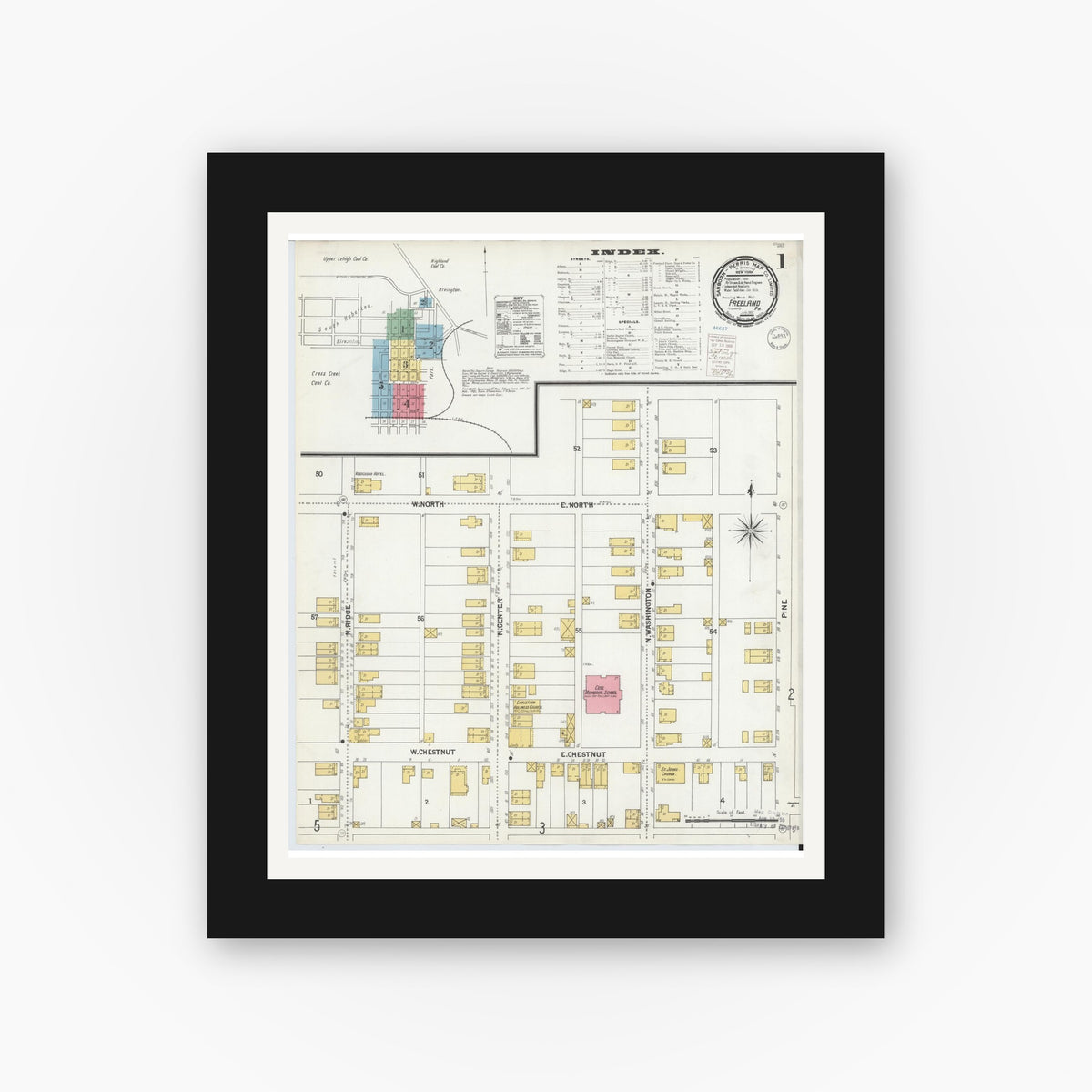 Old map wall art mockup — black gallery frame with white mat — Sanborn Fire Insurance Map from Freeland, Luzerne County, Pennsylvania (1900) - Complete Map Set