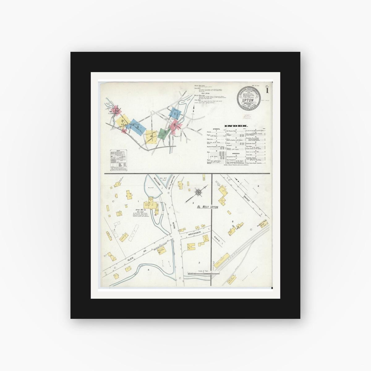 Old map wall art mockup — black gallery frame with white mat — Sanborn Fire Insurance Map from Upton, Worcester County, Massachusetts (1910) - Complete Map Set