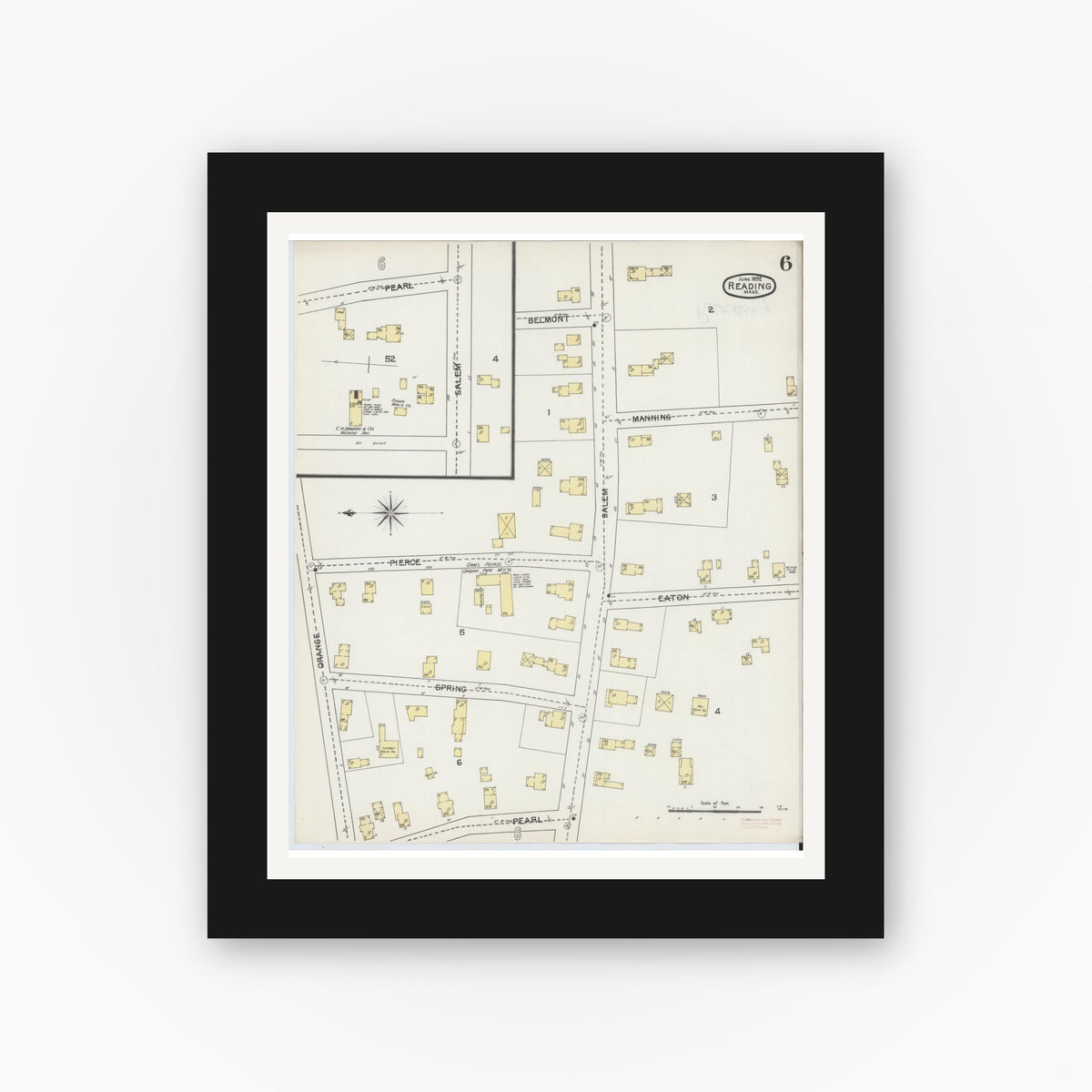 Old map wall art mockup — black gallery frame with white mat — Sanborn Fire Insurance Map from Reading, Middlesex County, Massachusetts (1892), Sheet #0006