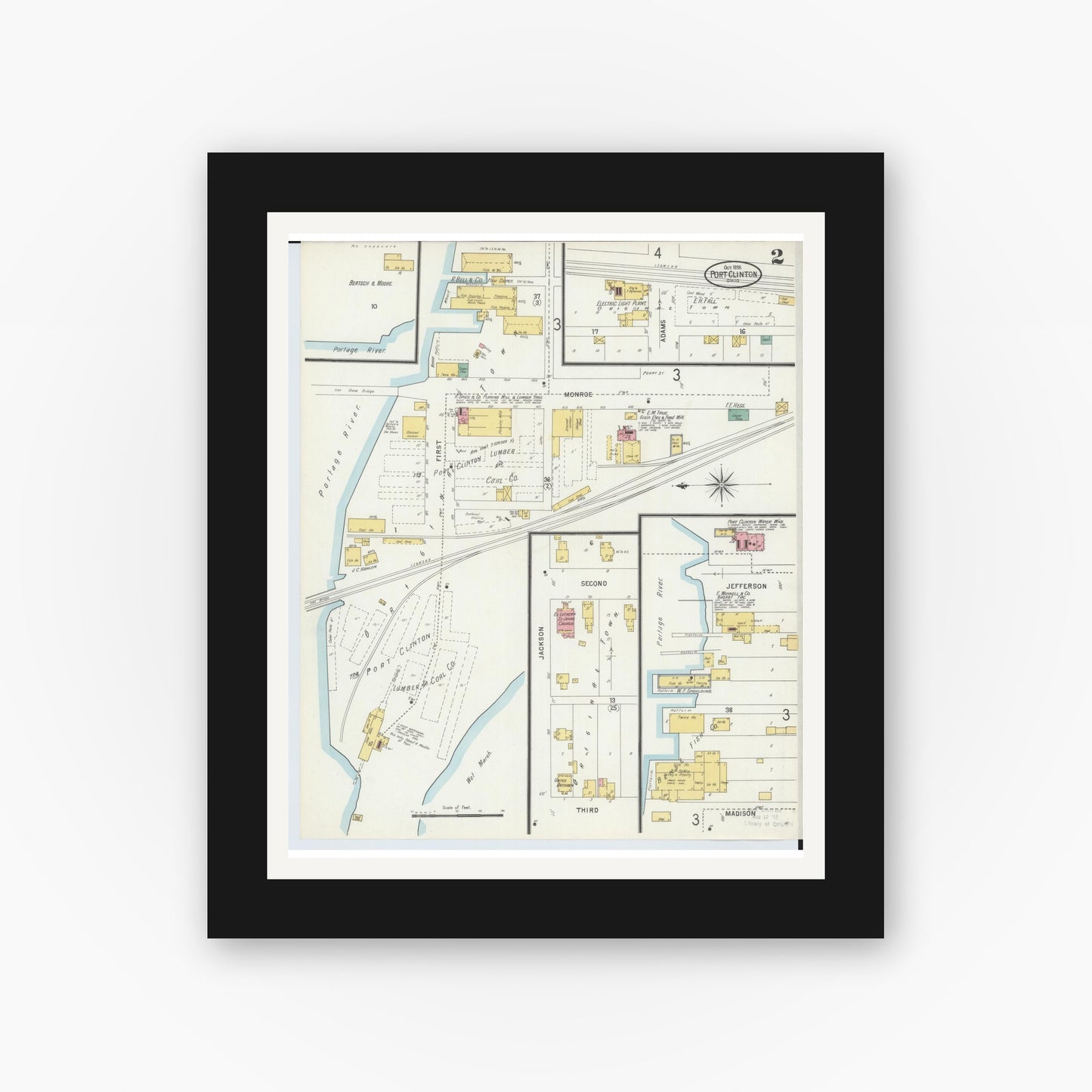 Old map wall art mockup — black gallery frame with white mat — Sanborn Fire Insurance Map from Port Clinton, Ottawa County, Ohio (1898), Sheet #0002