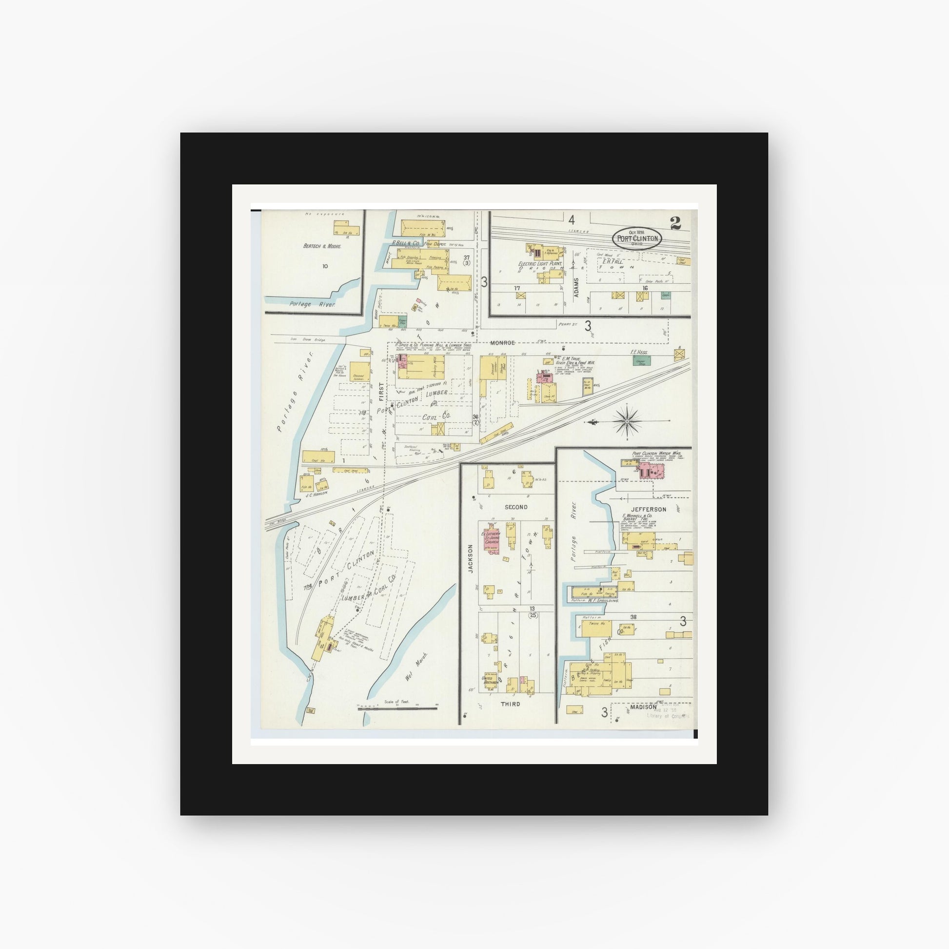 Old map wall art mockup — black gallery frame with white mat — Sanborn Fire Insurance Map from Port Clinton, Ottawa County, Ohio (1898), Sheet #0002
