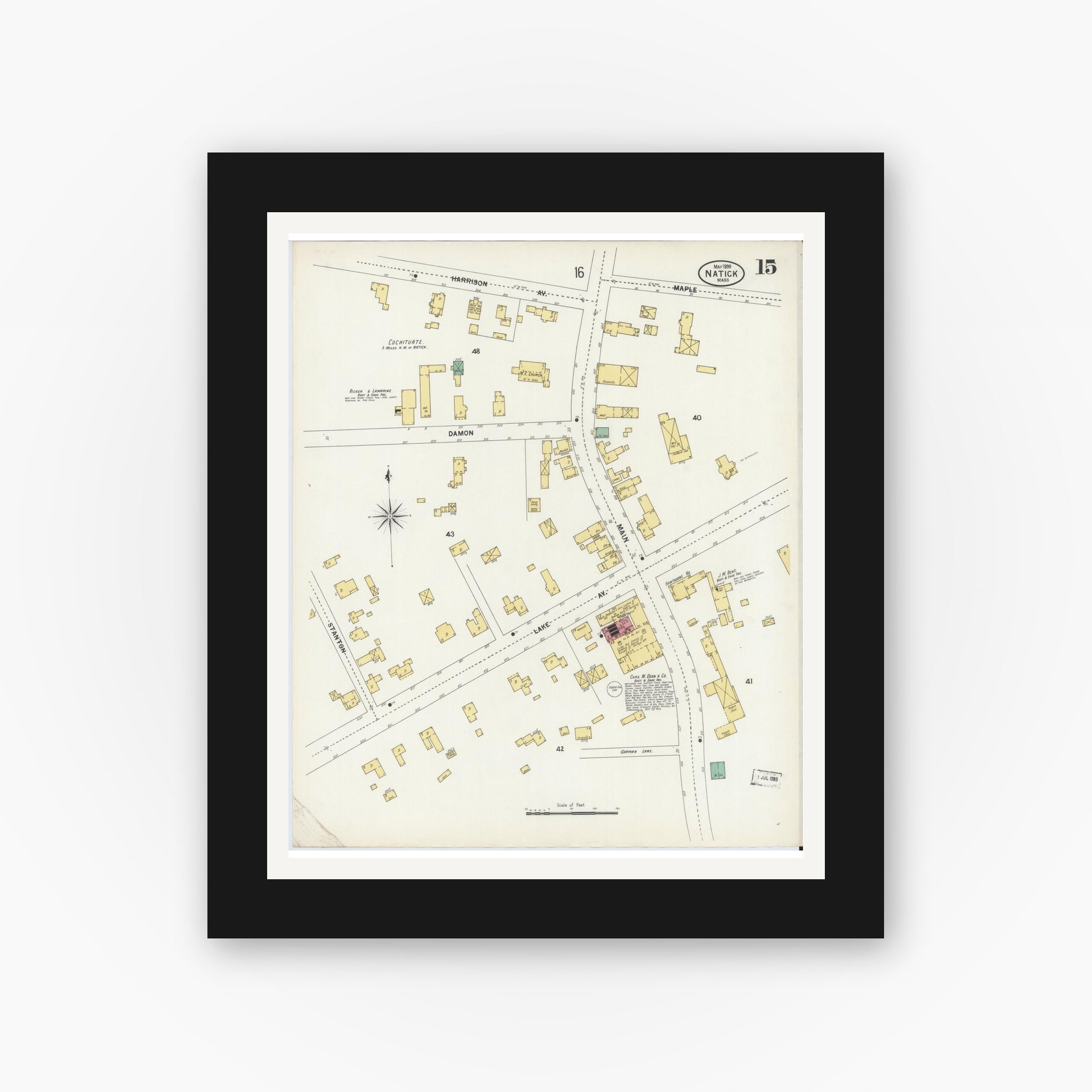Old map wall art mockup — black gallery frame with white mat — Sanborn Fire Insurance Map from Natick, Middlesex County, Massachusetts (1899), Sheet #0015