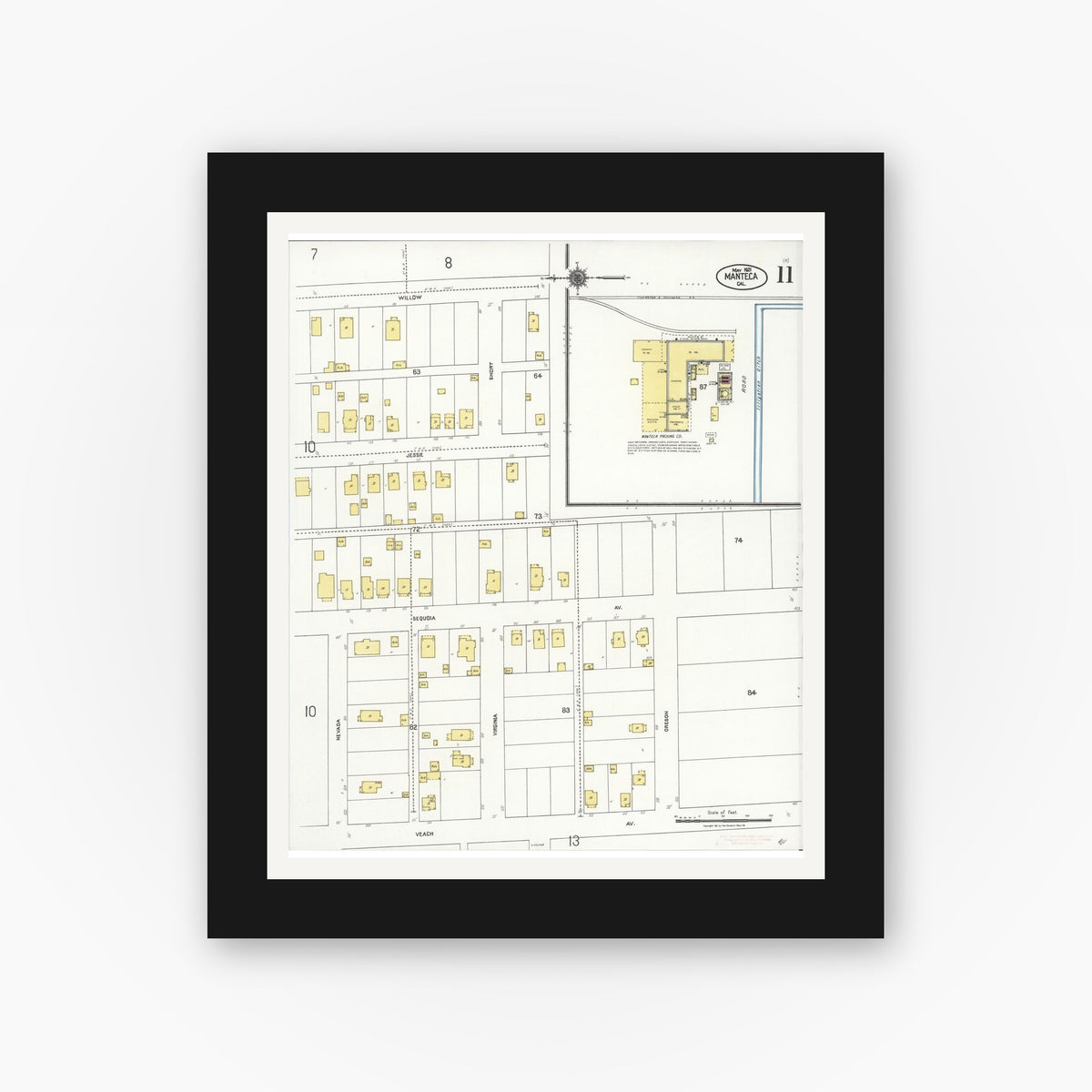 Old map wall art mockup — black gallery frame with white mat — Sanborn Fire Insurance Map from Manteca, San Joaquin County, California (1921), Sheet #0011