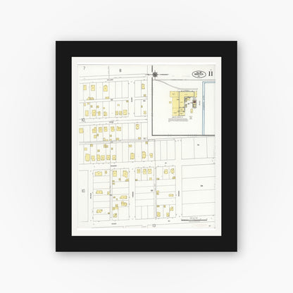 Old map wall art mockup — black gallery frame with white mat — Sanborn Fire Insurance Map from Manteca, San Joaquin County, California (1921), Sheet #0011