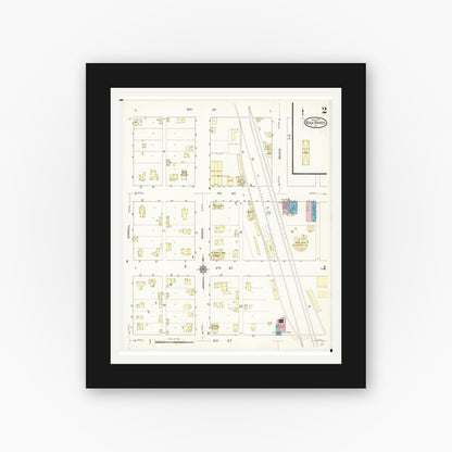 Old map wall art mockup — black gallery frame with white mat — Sanborn Fire Insurance Map from Rock Rapids, Lyon County, Iowa (1913), Sheet #0002