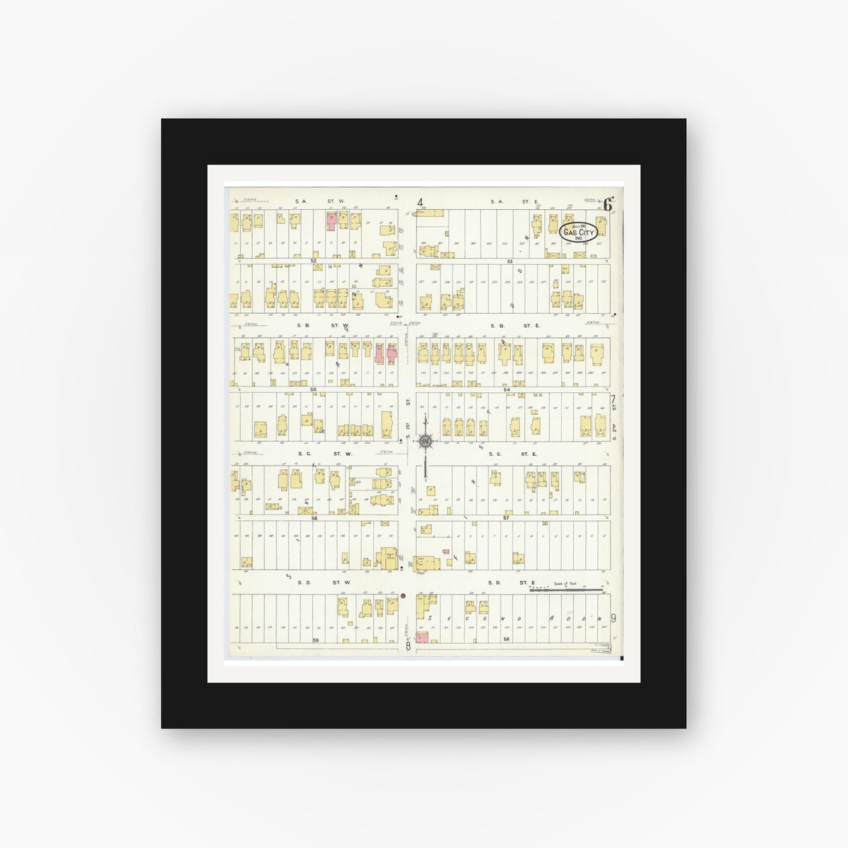 Old map wall art mockup — black gallery frame with white mat — Sanborn Fire Insurance Map from Gas City, Grant County, Indiana (1911), Sheet #0006