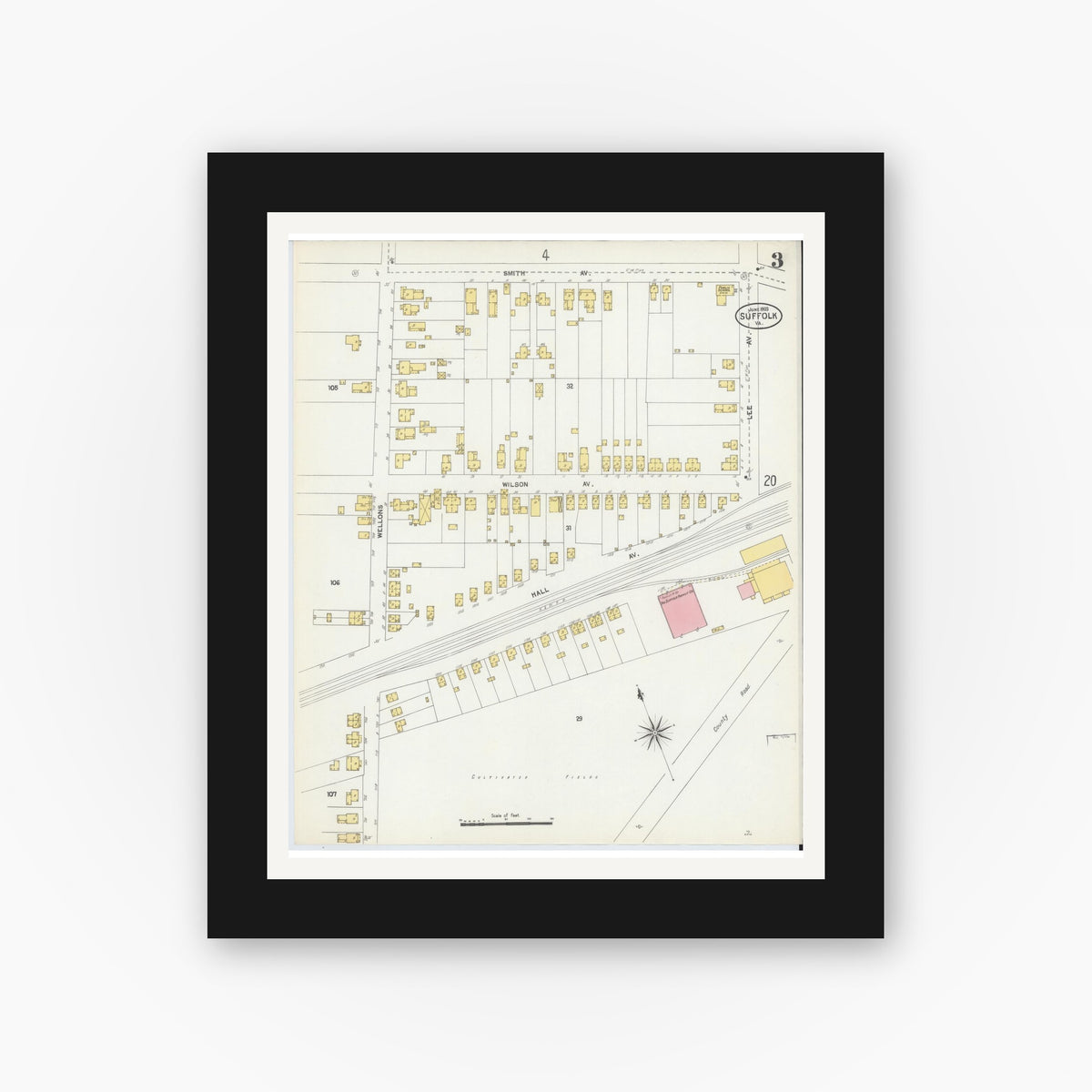 Old map wall art mockup — black gallery frame with white mat — Sanborn Fire Insurance Map from Suffolk, Independent Cities, Virginia (1903), Sheet #0003