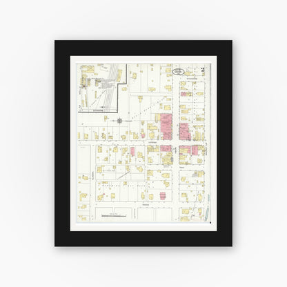 Old map wall art mockup — black gallery frame with white mat — Sanborn Fire Insurance Map from Odon, Daviess County, Indiana (1913), Sheet #0002