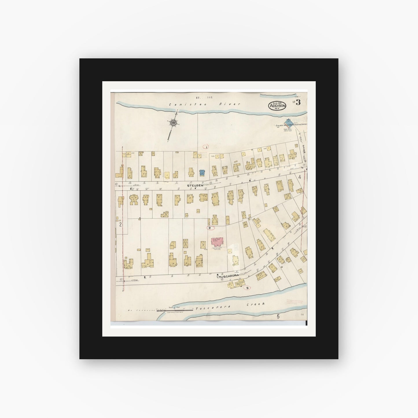 Old map wall art mockup — black gallery frame with white mat — Sanborn Fire Insurance Map from Addison, Steuben County, New York (1945), Sheet #0003