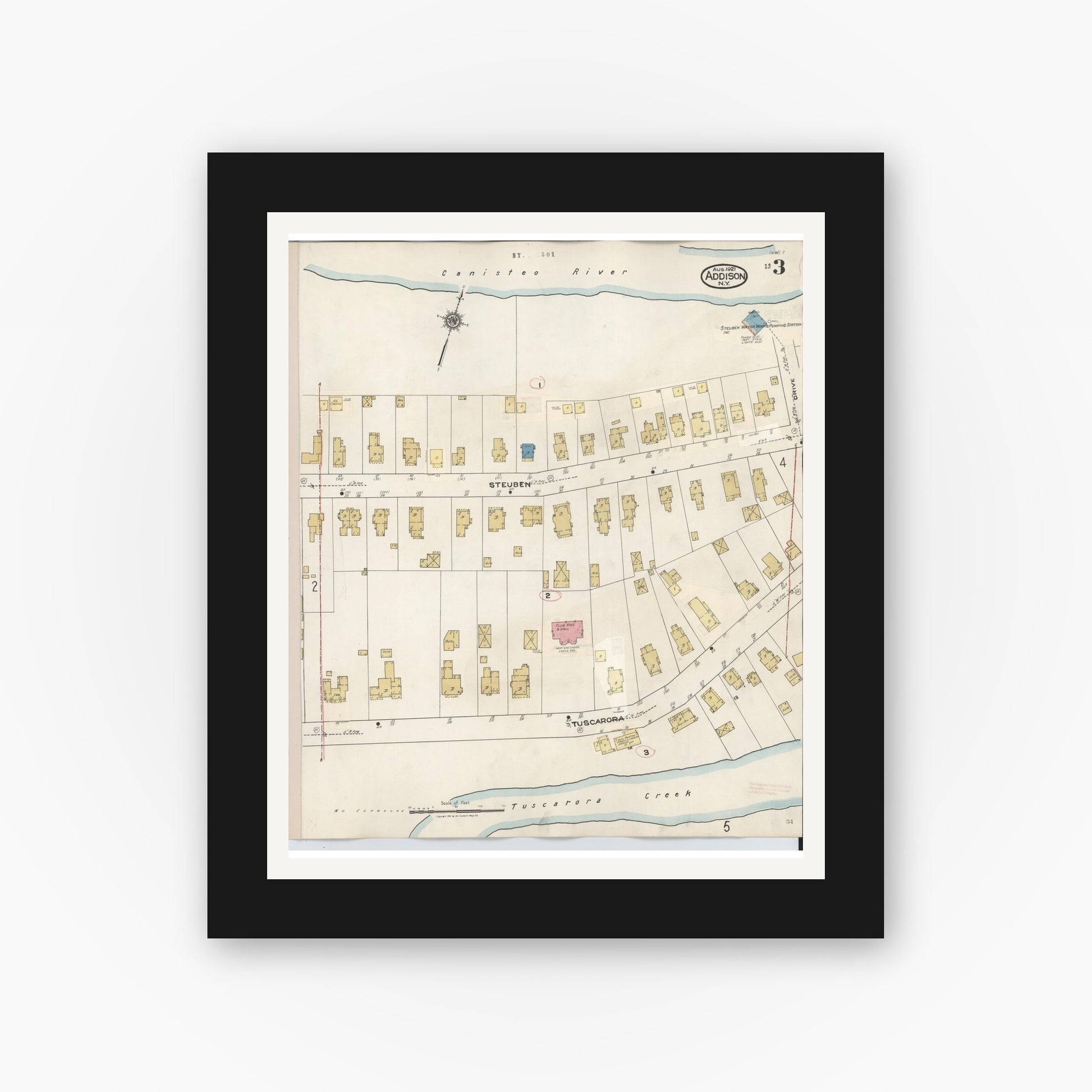 Old map wall art mockup — black gallery frame with white mat — Sanborn Fire Insurance Map from Addison, Steuben County, New York (1945), Sheet #0003