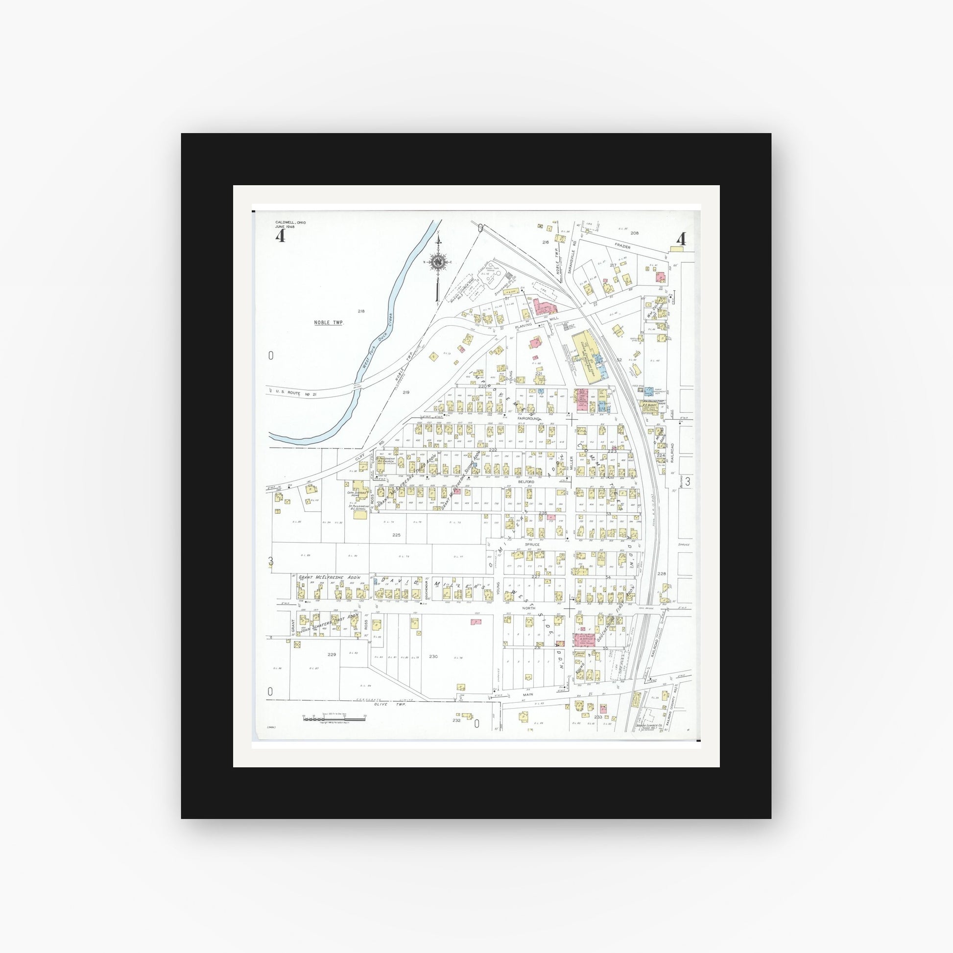 Old map wall art mockup — black gallery frame with white mat — Sanborn Fire Insurance Map from Caldwell, Noble County, Ohio (1948), Sheet #0004