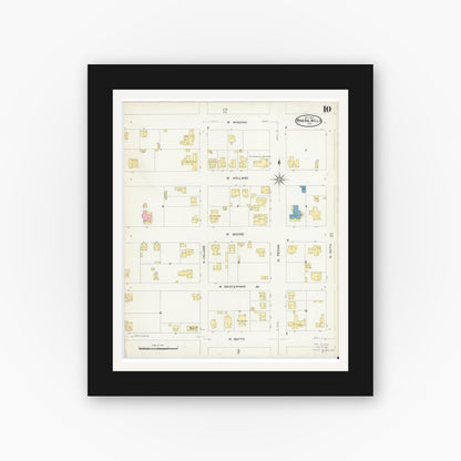 Old map wall art mockup — black gallery frame with white mat — Sanborn Fire Insurance Map from Mineral Wells, Palo Pinto County, Texas (1907), Sheet #0010