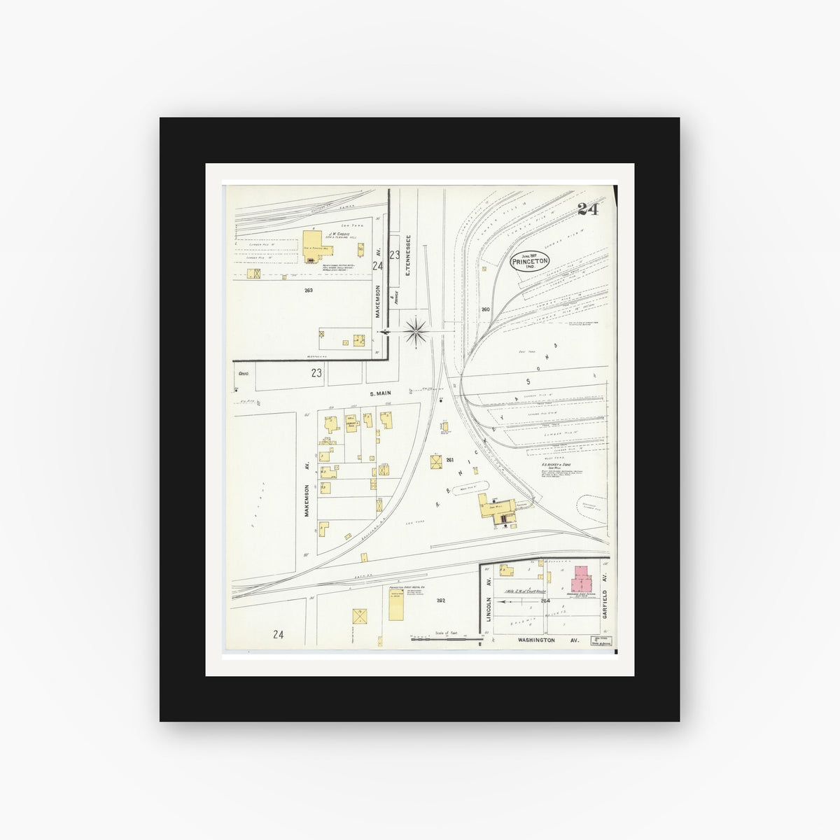 Old map wall art mockup — black gallery frame with white mat — Sanborn Fire Insurance Map from Princeton, Gibson County, Indiana (1907), Sheet #0024